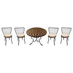 Pietra Dura Marble and Jasper Inlay Outdoor Table on Iron Base w/ 4 Iron Chairs