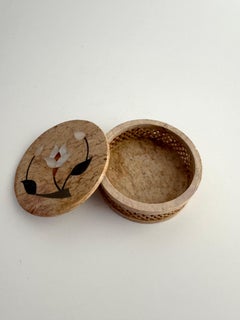 Pietra Dura Marble Inlay Round Trinket Box With Floral Motif, Made in India