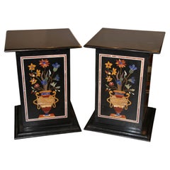 Pietra Dura Marble Stone Inlay Pedestals Pair