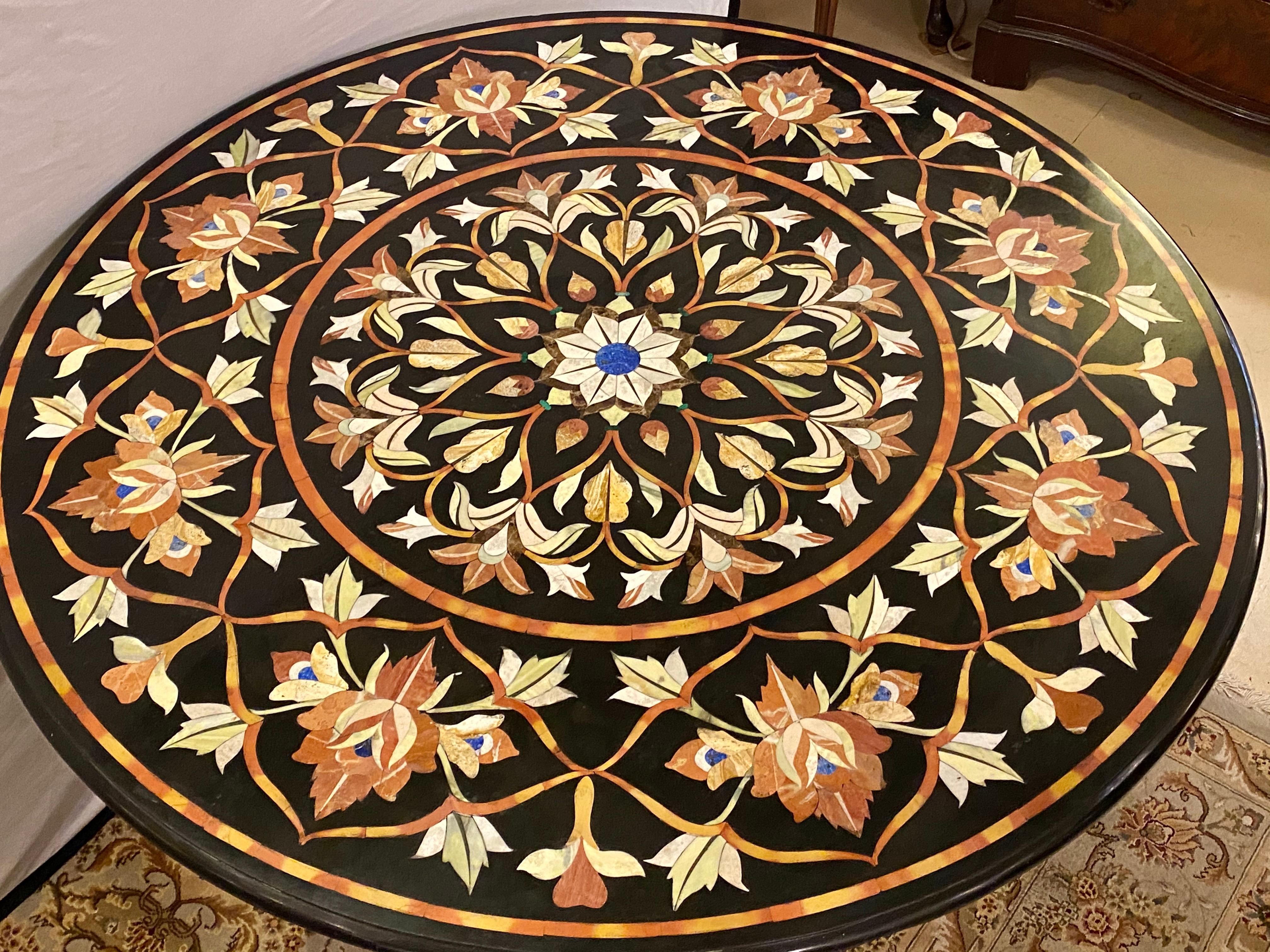 Pietra Dura Marble Top Dining or Center Table with Pedestal In Good Condition In Stamford, CT