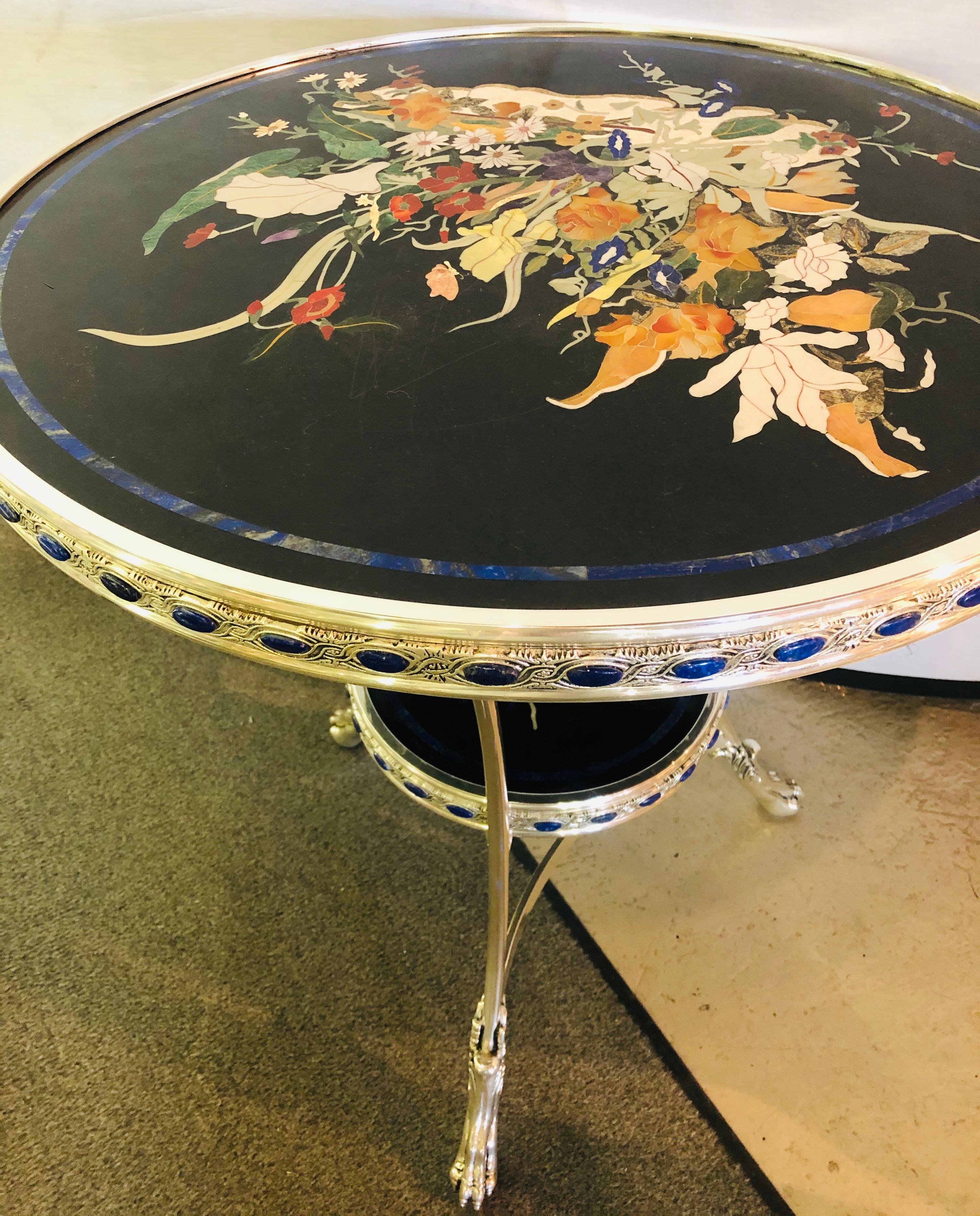 Pietra Dura Marble-Top Silver Metal Based End, Bouilliotte, Gueridon Table Pair 11