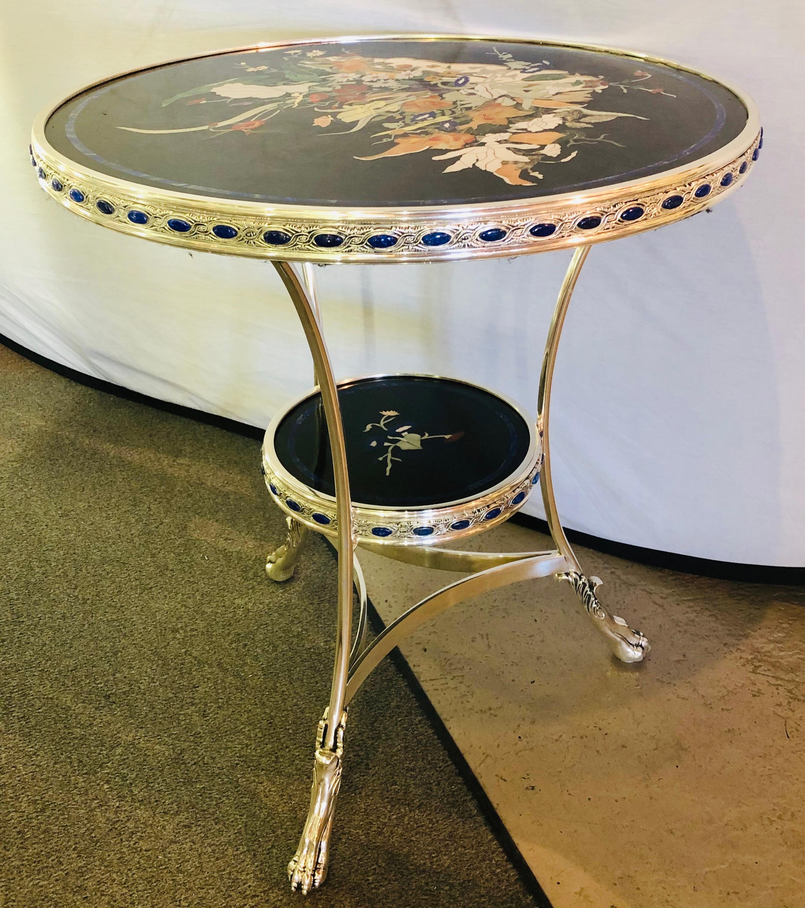 Pietra Dura Marble-Top Silver Metal Based End, Bouilliotte, Gueridon Table Pair In Good Condition In Stamford, CT