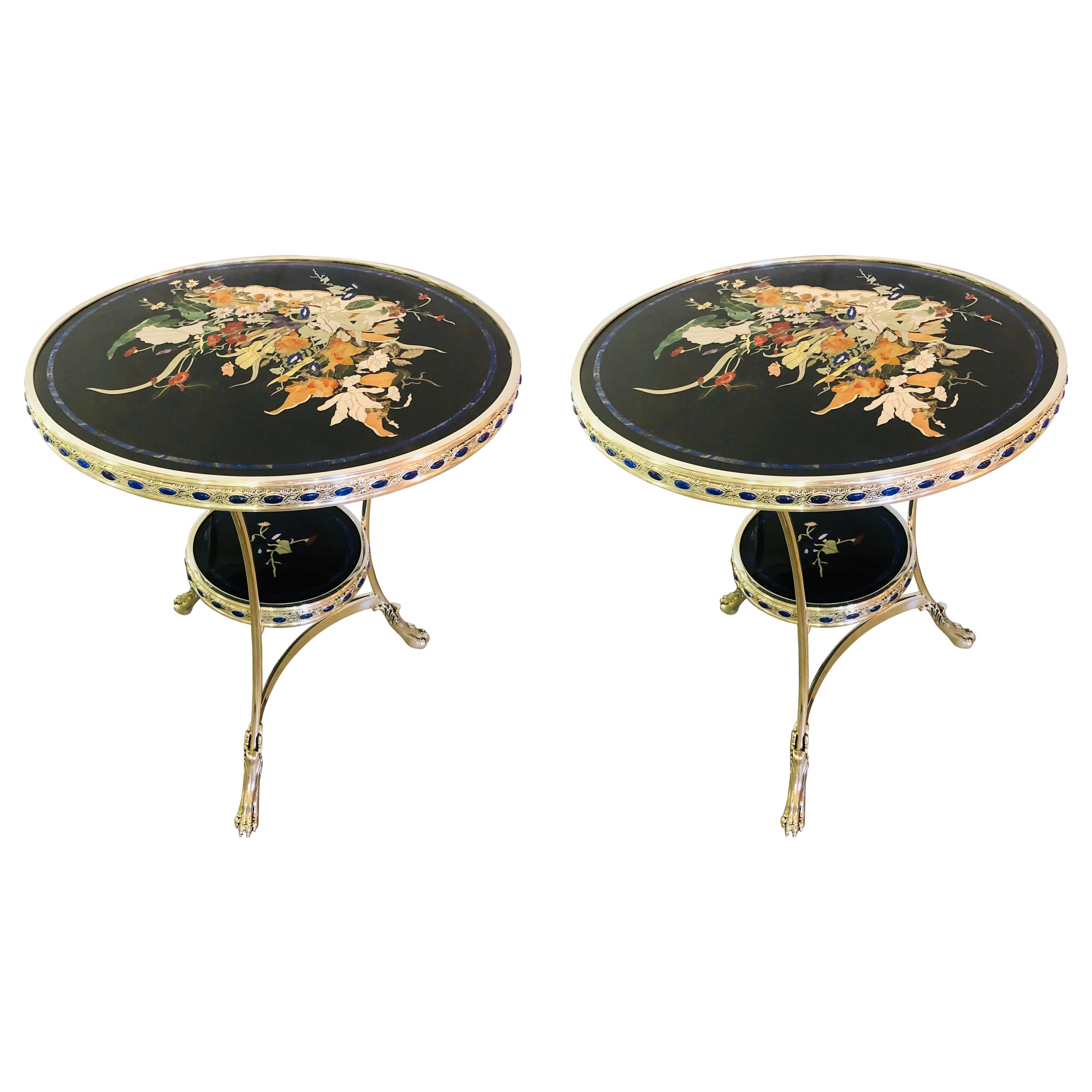 Pietra Dura Marble-Top Silver Metal Based End, Bouilliotte, Gueridon Table Pair