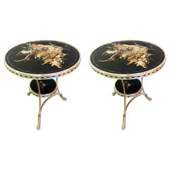 Pietra Dura Marble-Top Silver Metal Based End, Bouilliotte, Gueridon Table Pair