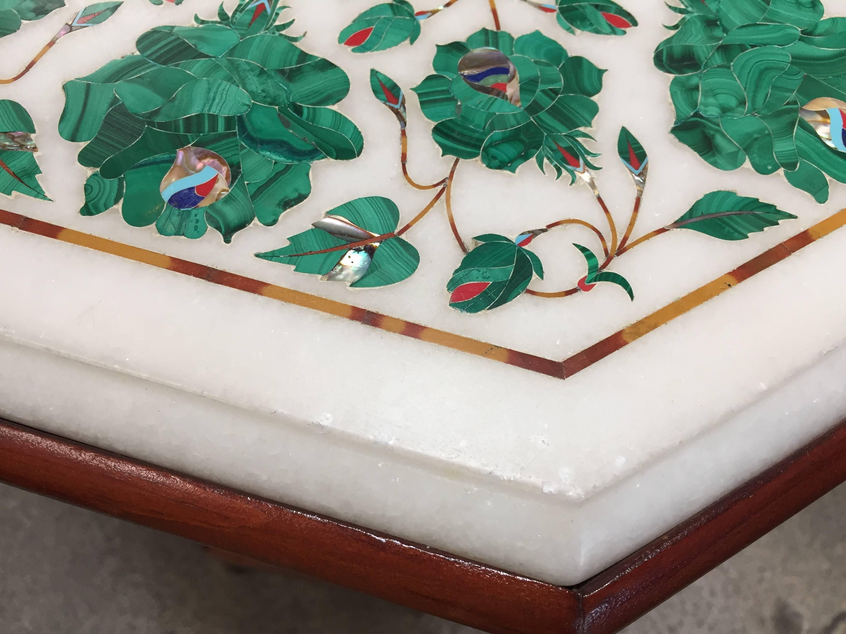 Pietra Dura Marble-Topped Octagonal Table Inlaid in Taj Mahal Anglo Raj Style 2