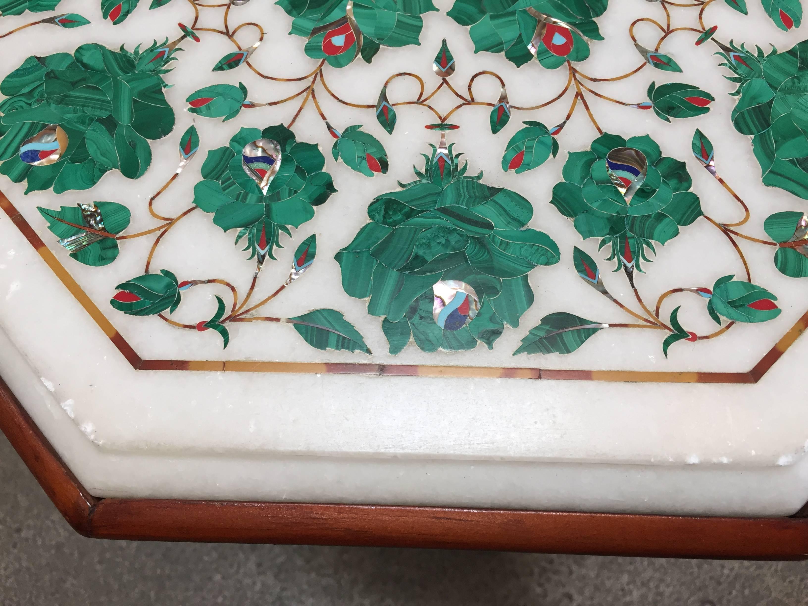 Pietra Dura Marble-Topped Octagonal Table Inlaid in Taj Mahal Anglo Raj Style 3