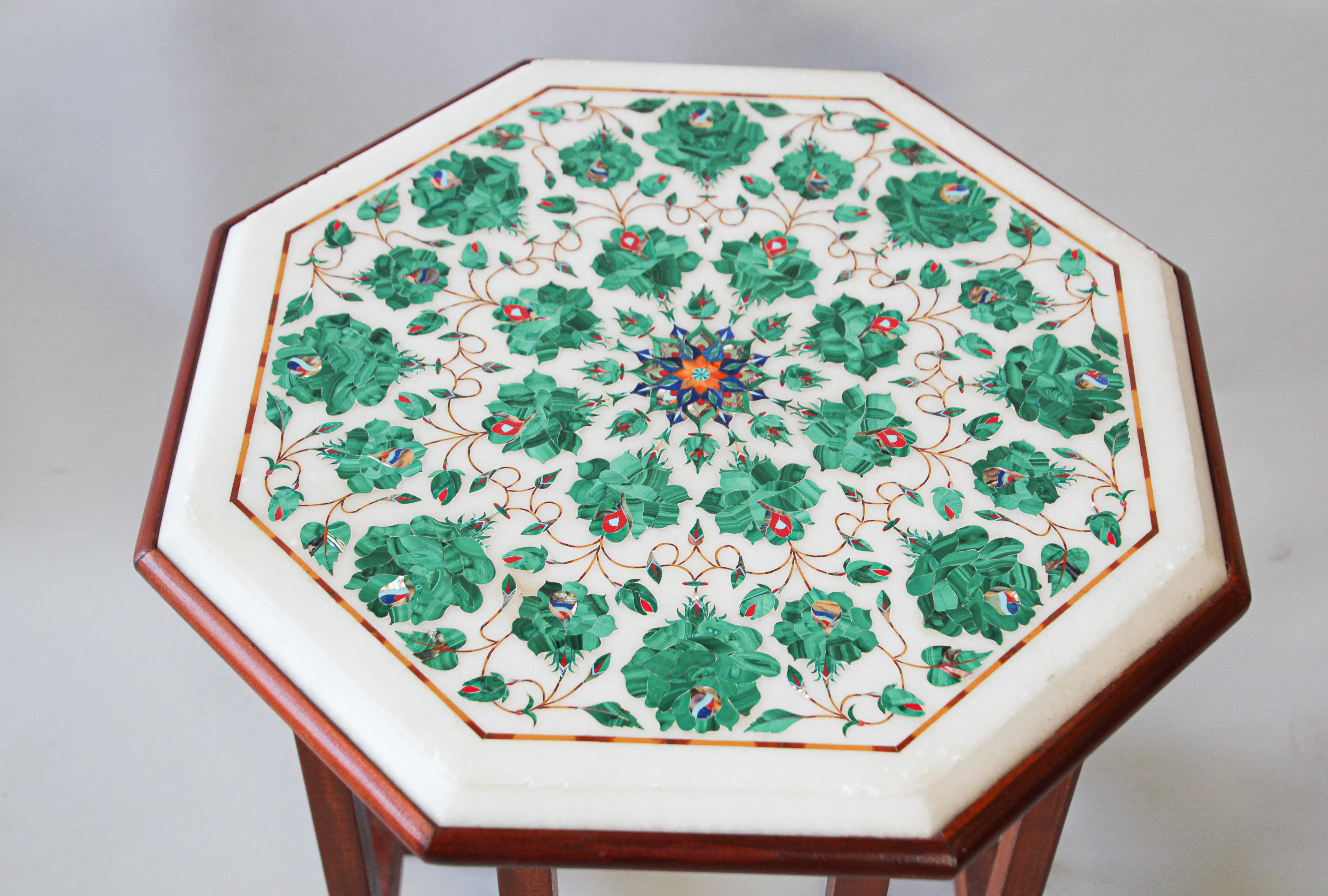 Pietra Dura Marble-Topped Octagonal Table Inlaid in Taj Mahal Anglo Raj Style 4