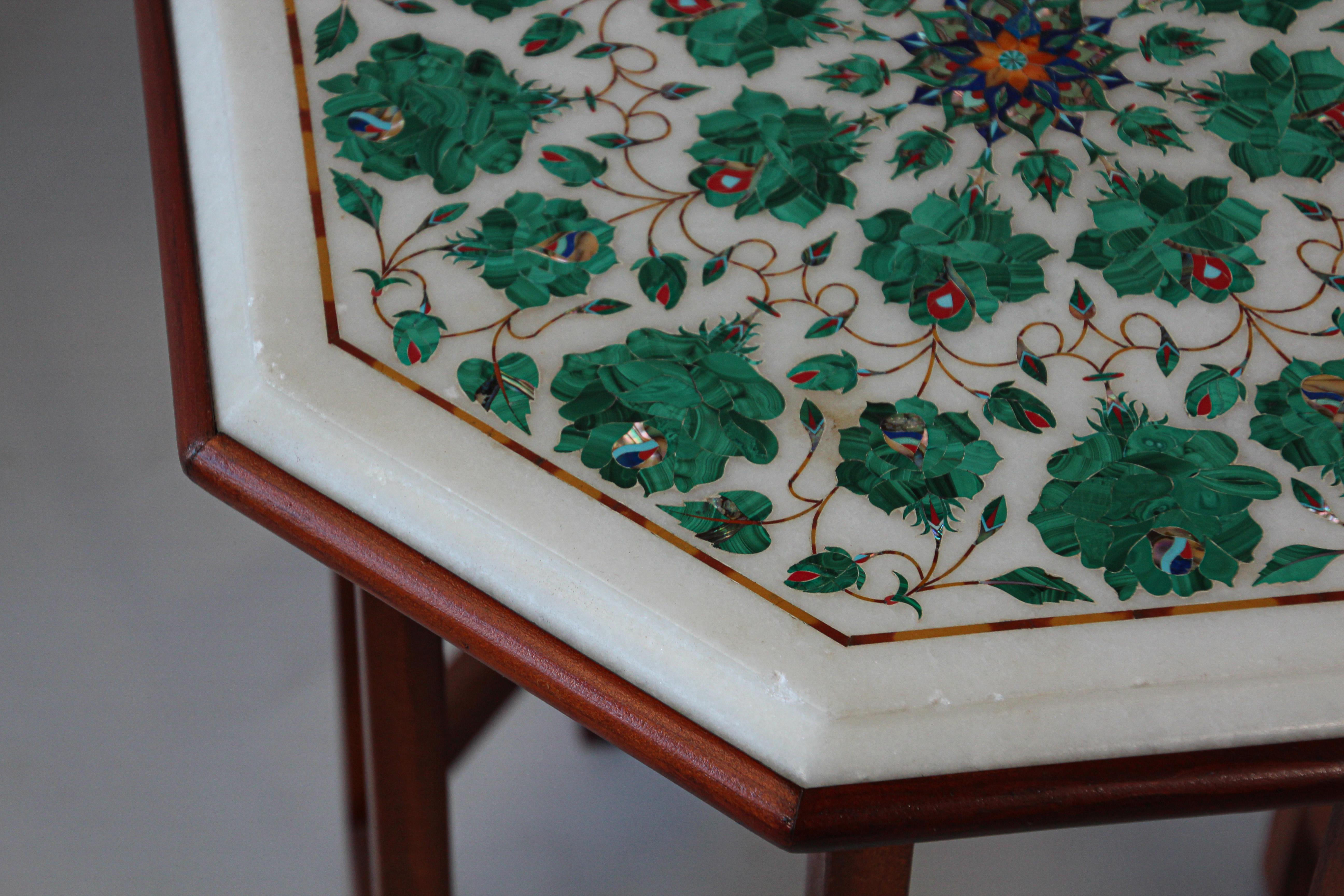 Pietra Dura Marble-Topped Octagonal Table Inlaid in Taj Mahal Anglo Raj Style 5