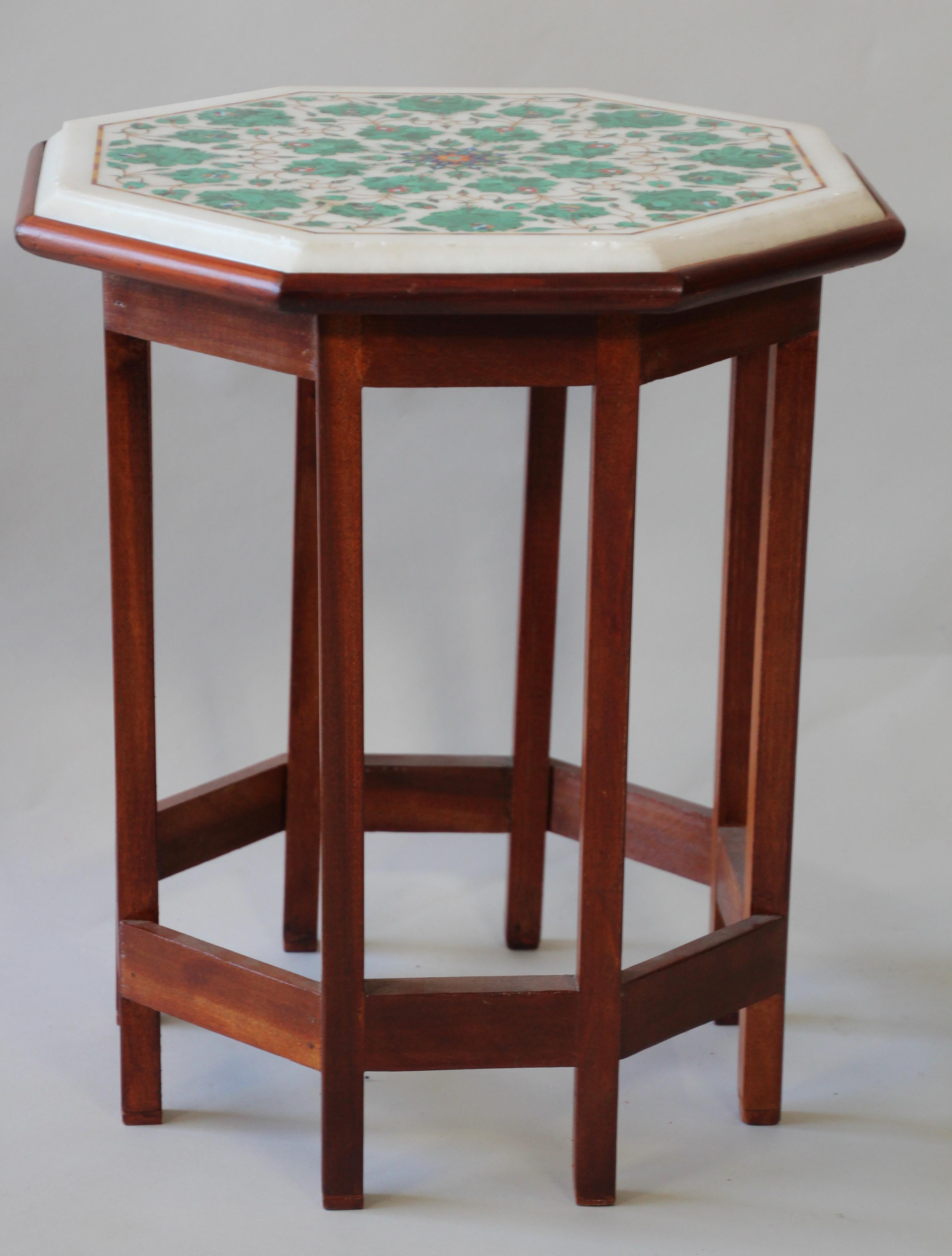 Pietra Dura Marble-Topped Octagonal Table Inlaid in Taj Mahal Anglo Raj Style 10