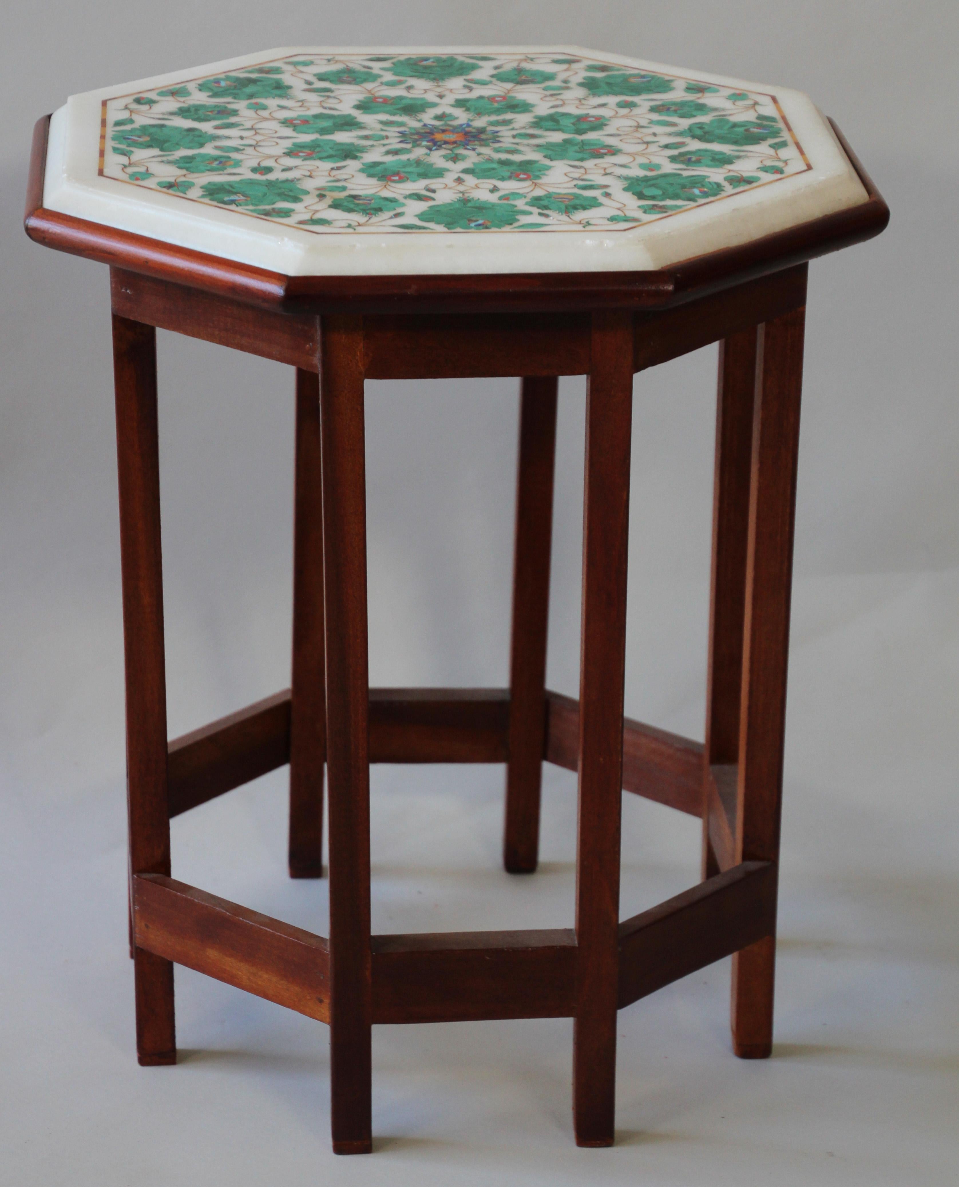 Pietra Dura Marble-Topped Octagonal Table Inlaid in Taj Mahal Anglo Raj Style 11