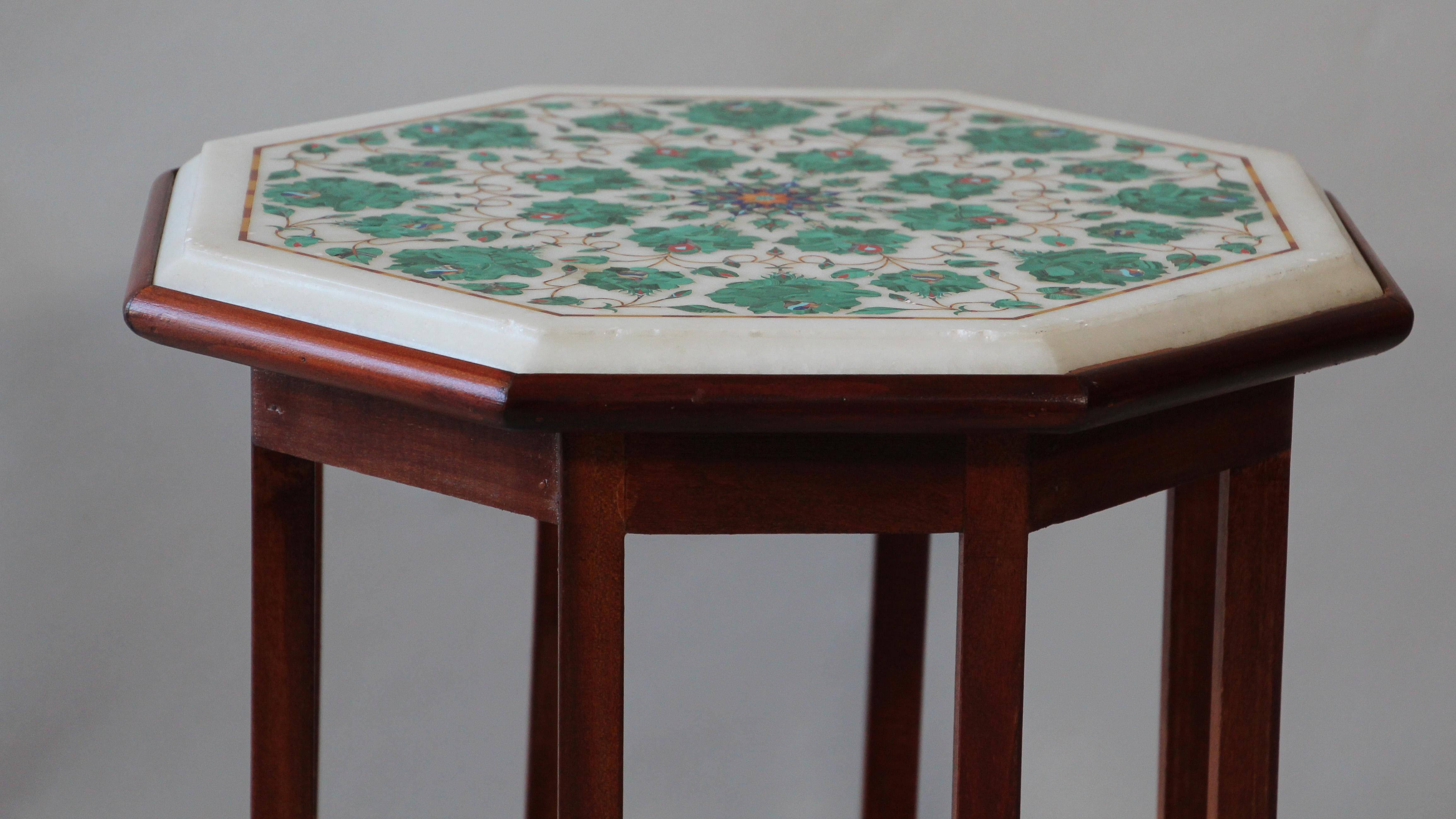 Pietra Dura Marble-Topped Octagonal Table Inlaid in Taj Mahal Anglo Raj Style 12