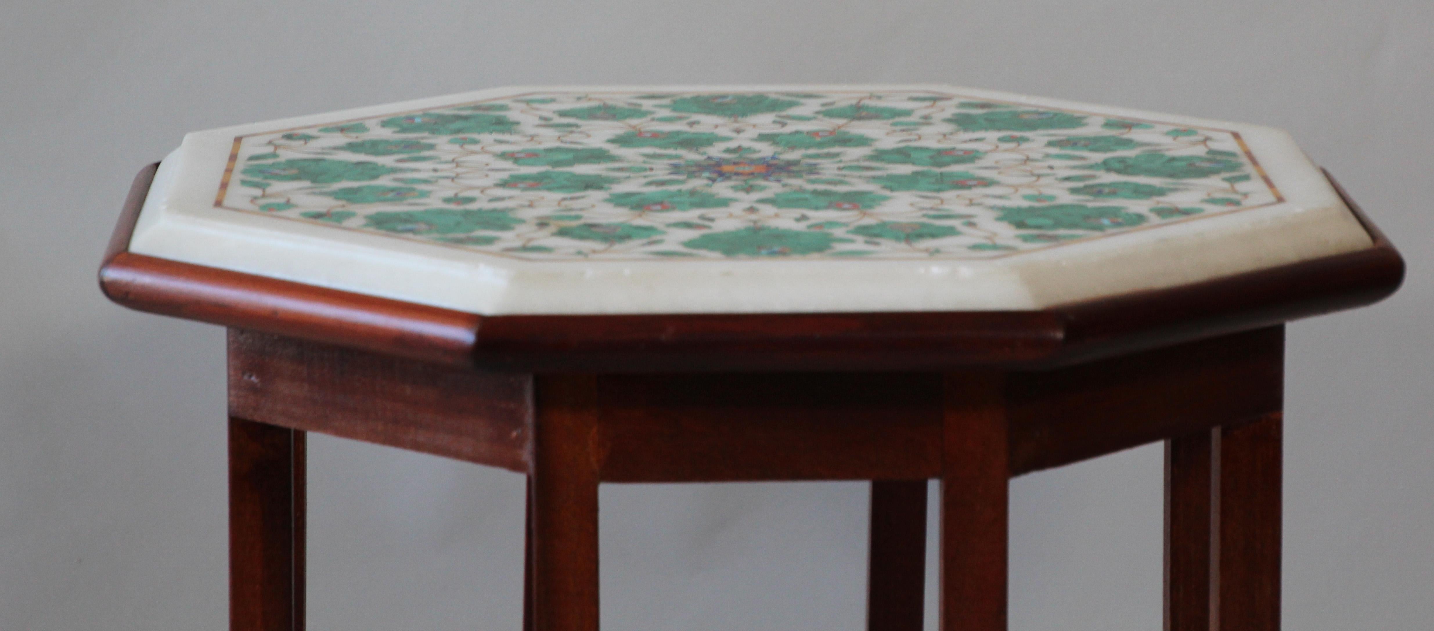 Pietra Dura Marble-Topped Octagonal Table Inlaid in Taj Mahal Anglo Raj Style 13