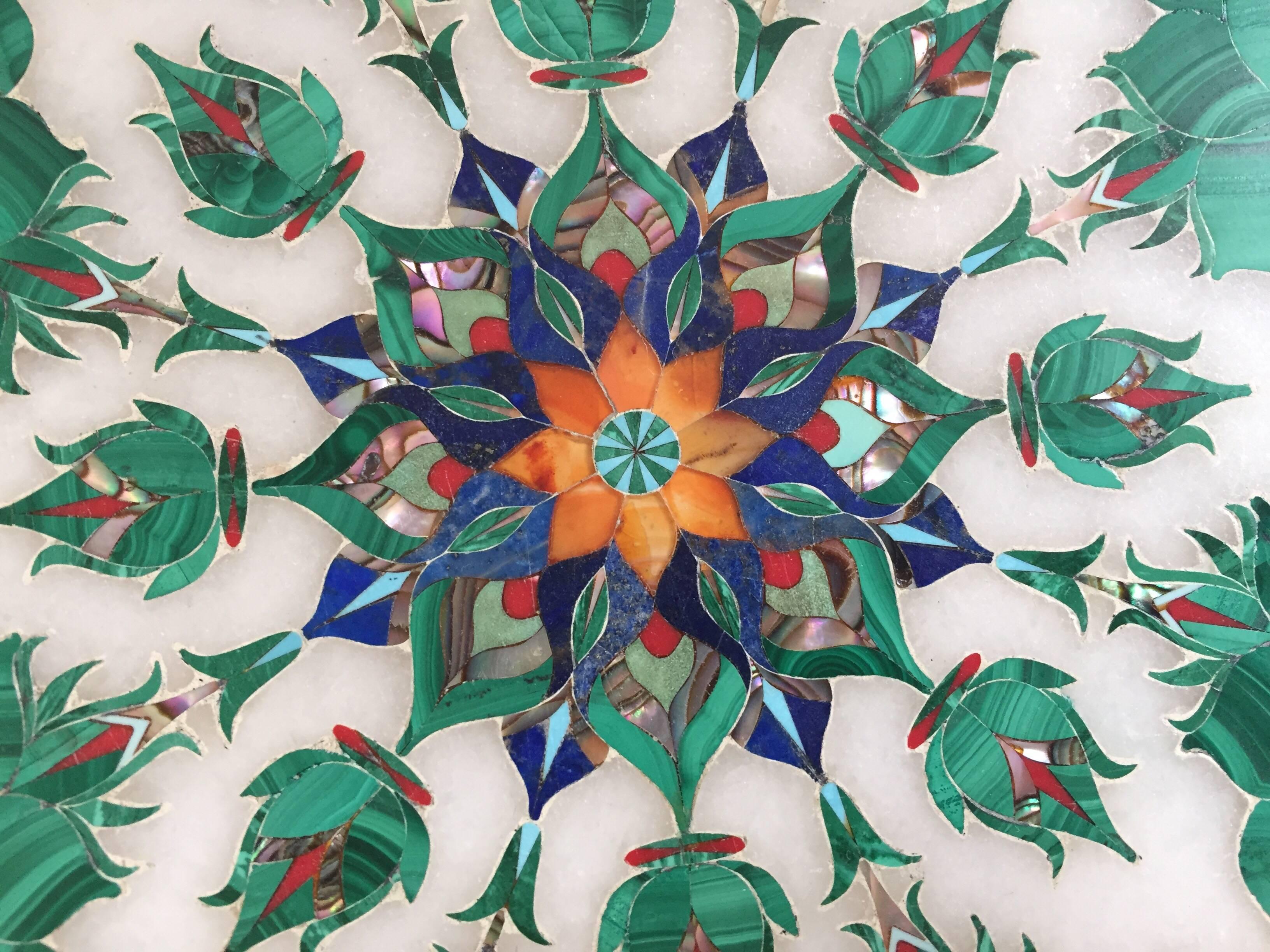 20th Century Pietra Dura Marble-Topped Octagonal Table Inlaid in Taj Mahal Anglo Raj Style
