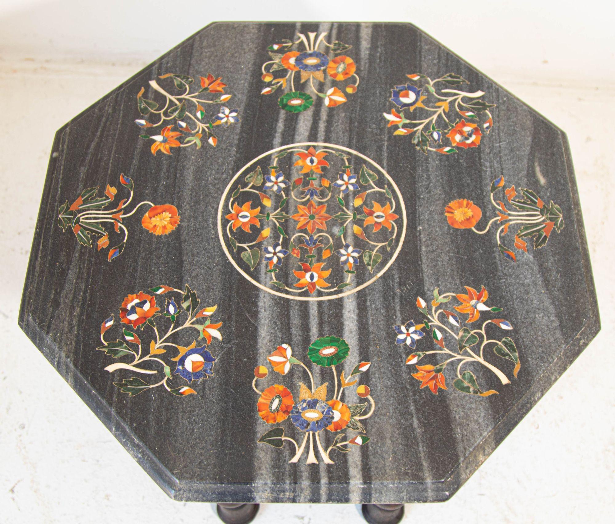 Pietra Dura Mosaic Octagonal Top Side Marble Inlaid Table Agra India For Sale 5