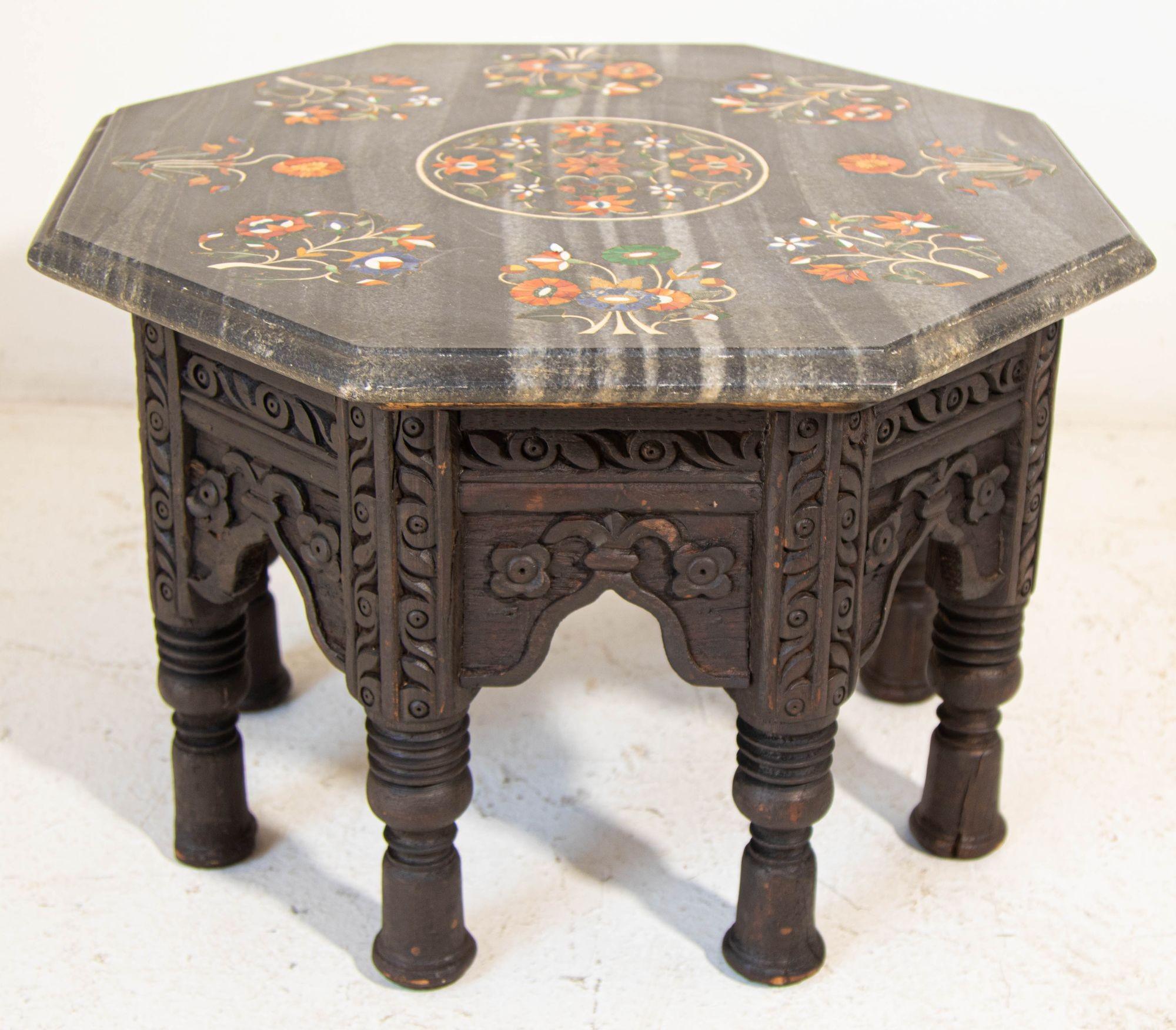 Indian Pietra Dura Mosaic Octagonal Top Side Marble Inlaid Table Agra India For Sale
