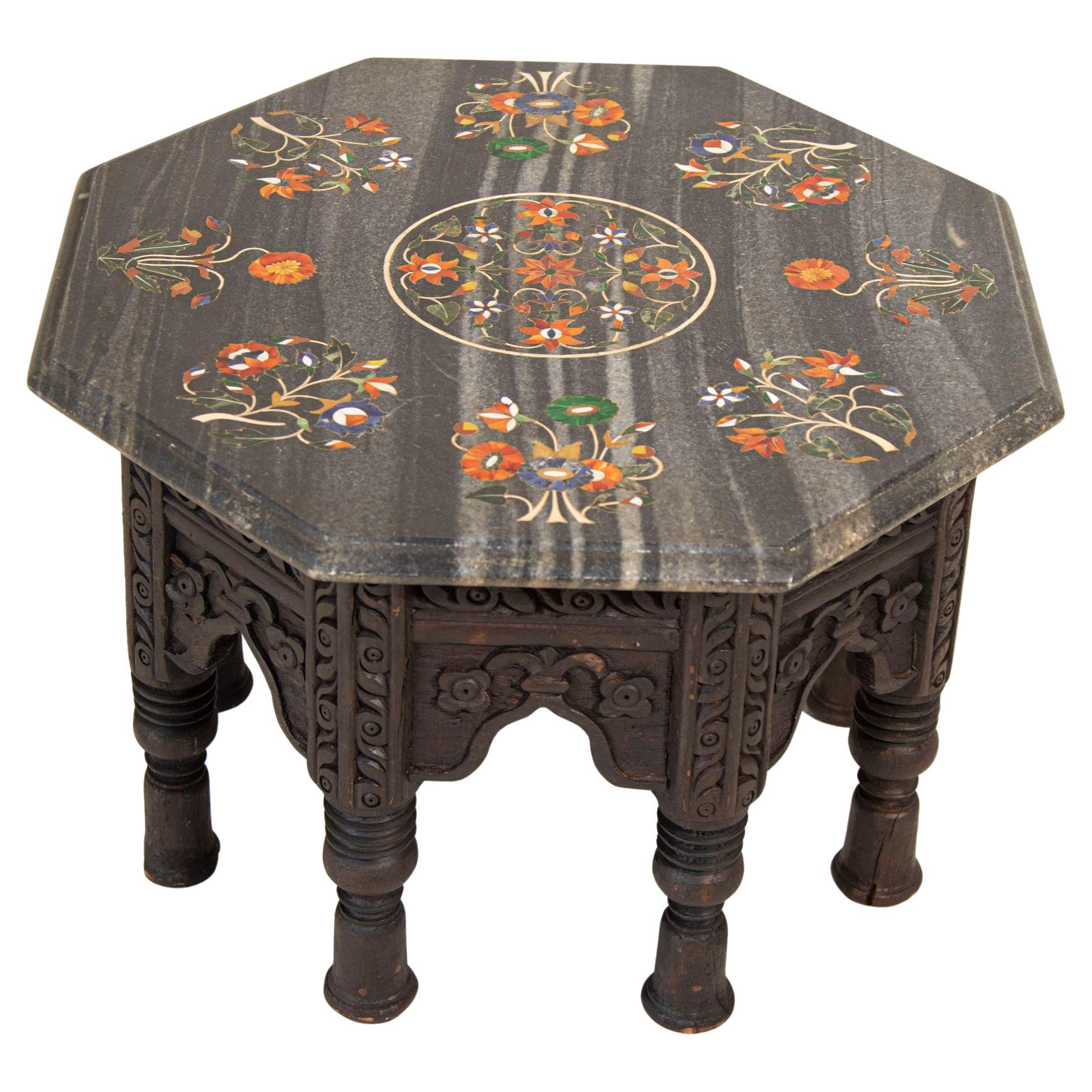 Pietra Dura Mosaic Octagonal Top Side Marble Inlaid Table Agra India For Sale