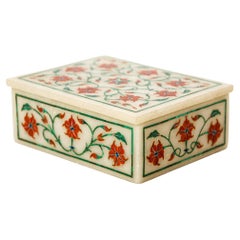 Retro Pietra Dura Mughal Flower Motif Inlaid Marble Box Rajasthan India Lapis Malachit