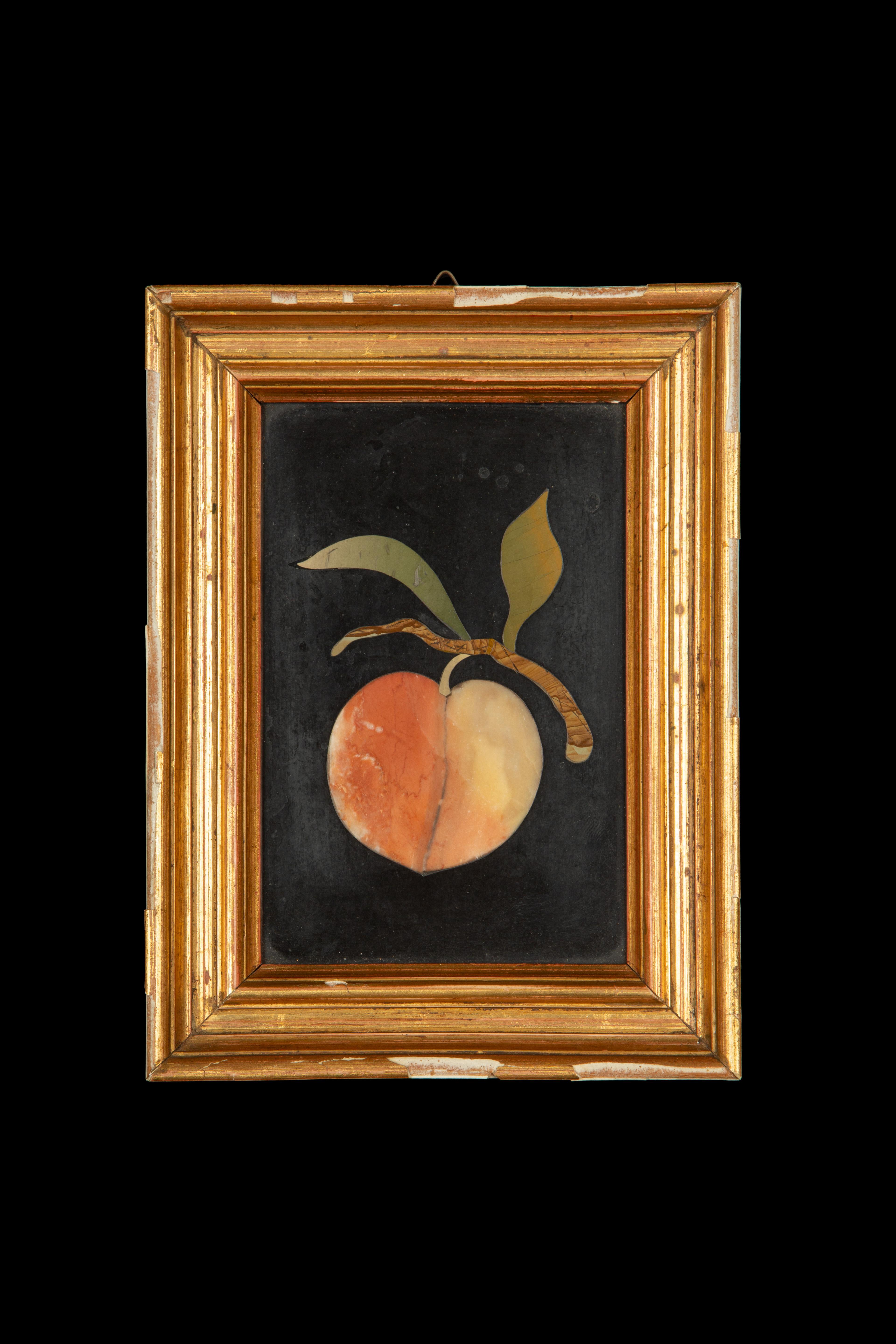 G. Ugolini, an esteemed artisan from Florence, Italy, showcases his exceptional craftsmanship in a mesmerizing Pietra Dura Pear and Peach Pair Mosaic. This extraordinary piece of art, meticulously crafted with precision and artistic finesse, exudes