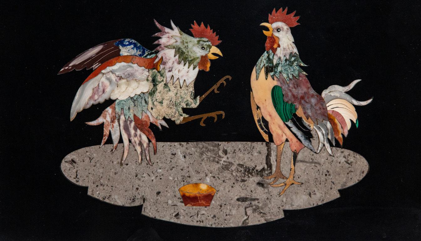 Pietra Dura roosters (Cock Fight!) inlaid semiprecious stones such as malachite, lapis lazuli, agate, marble, and obsidian. Measures: 10