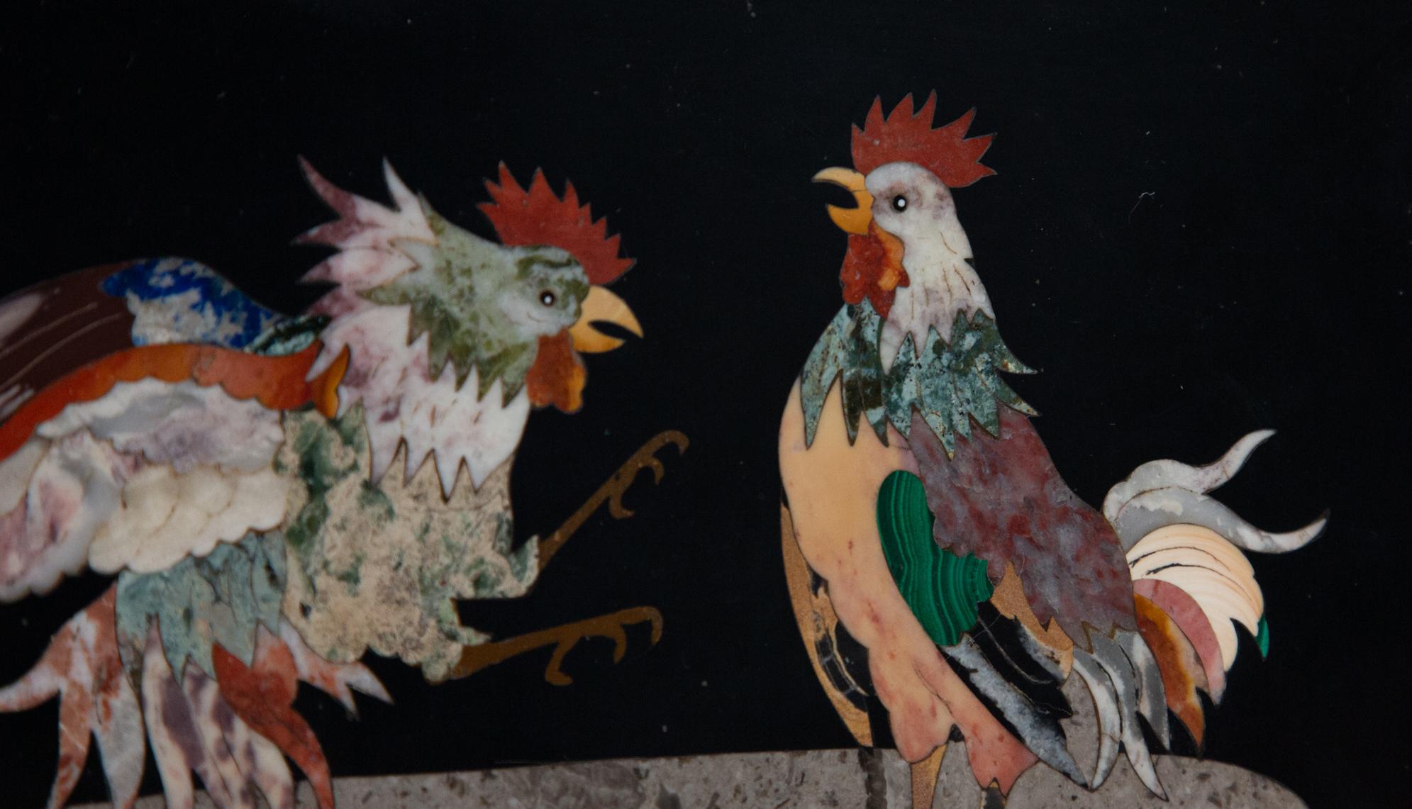 Pietra Dura Roosters 'Cock Fight!' In Excellent Condition In New York, NY