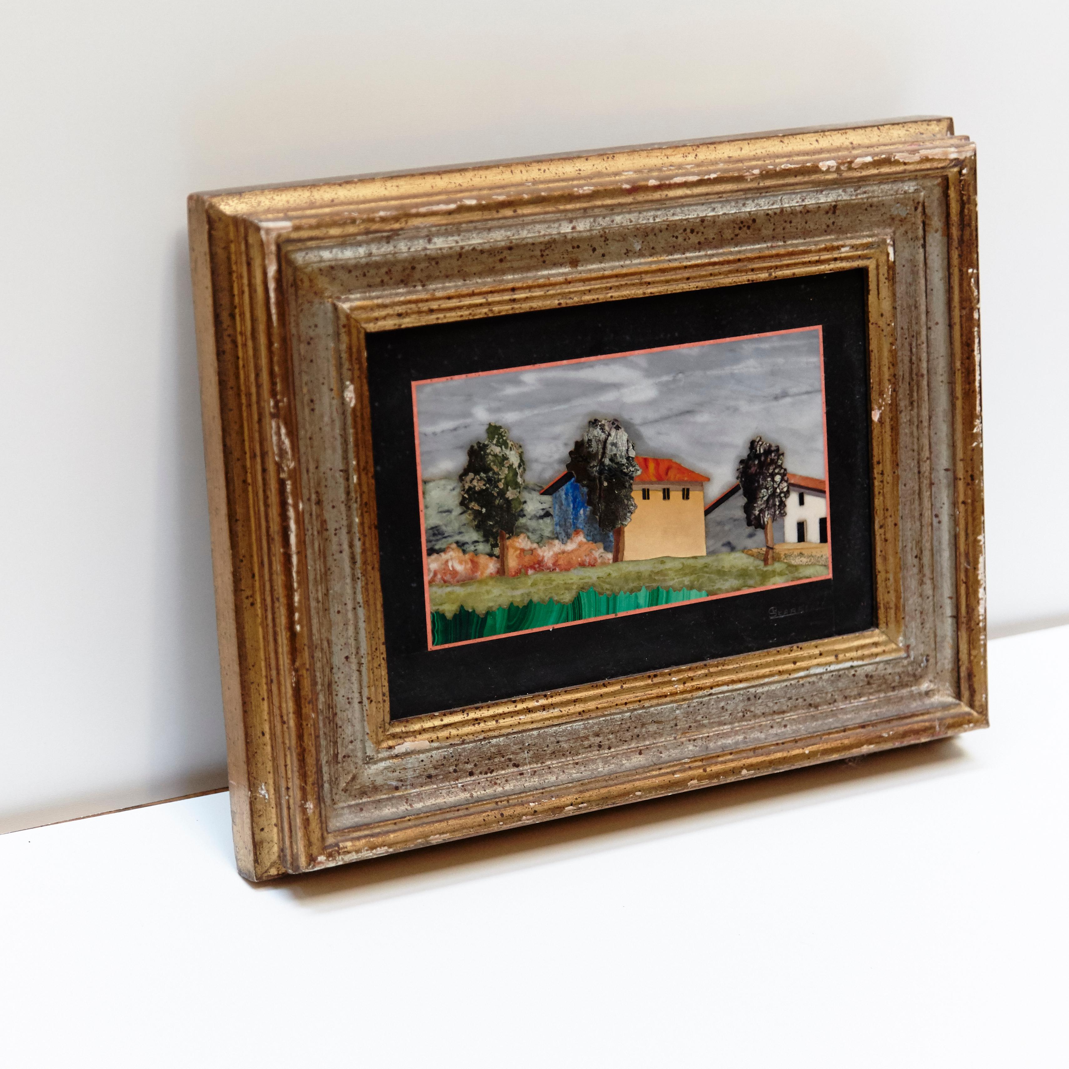 A framed Pietra Dura artwork.
Made in Florence, Italy, circa 1960.

Measurements:
24cm H x 32cm W x 4.5 cm D.
 