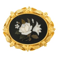 Pietra Dura Set 18 Karat Gold Brooch