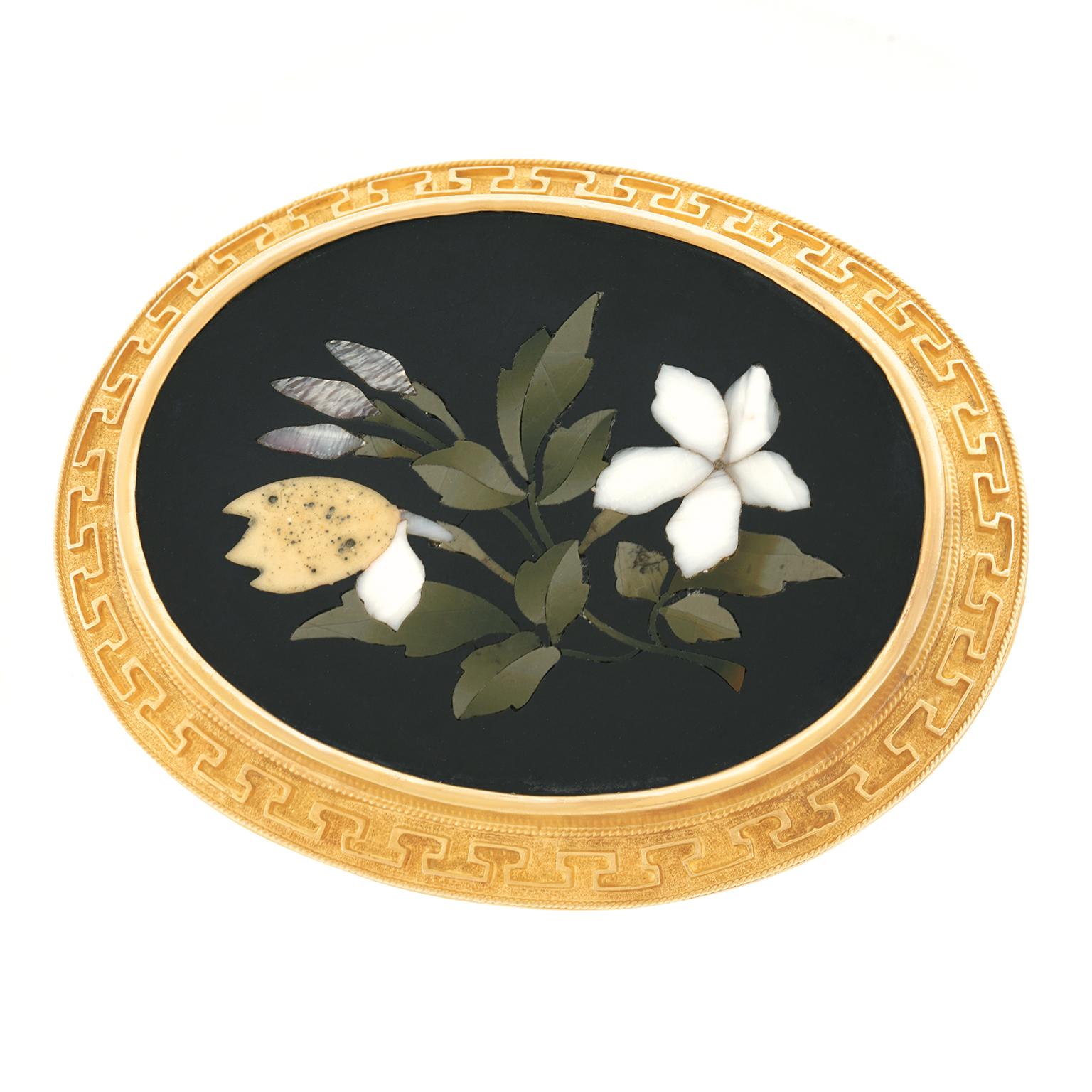 Victorian Pietra Dura Set 18 Karat Gold Brooch