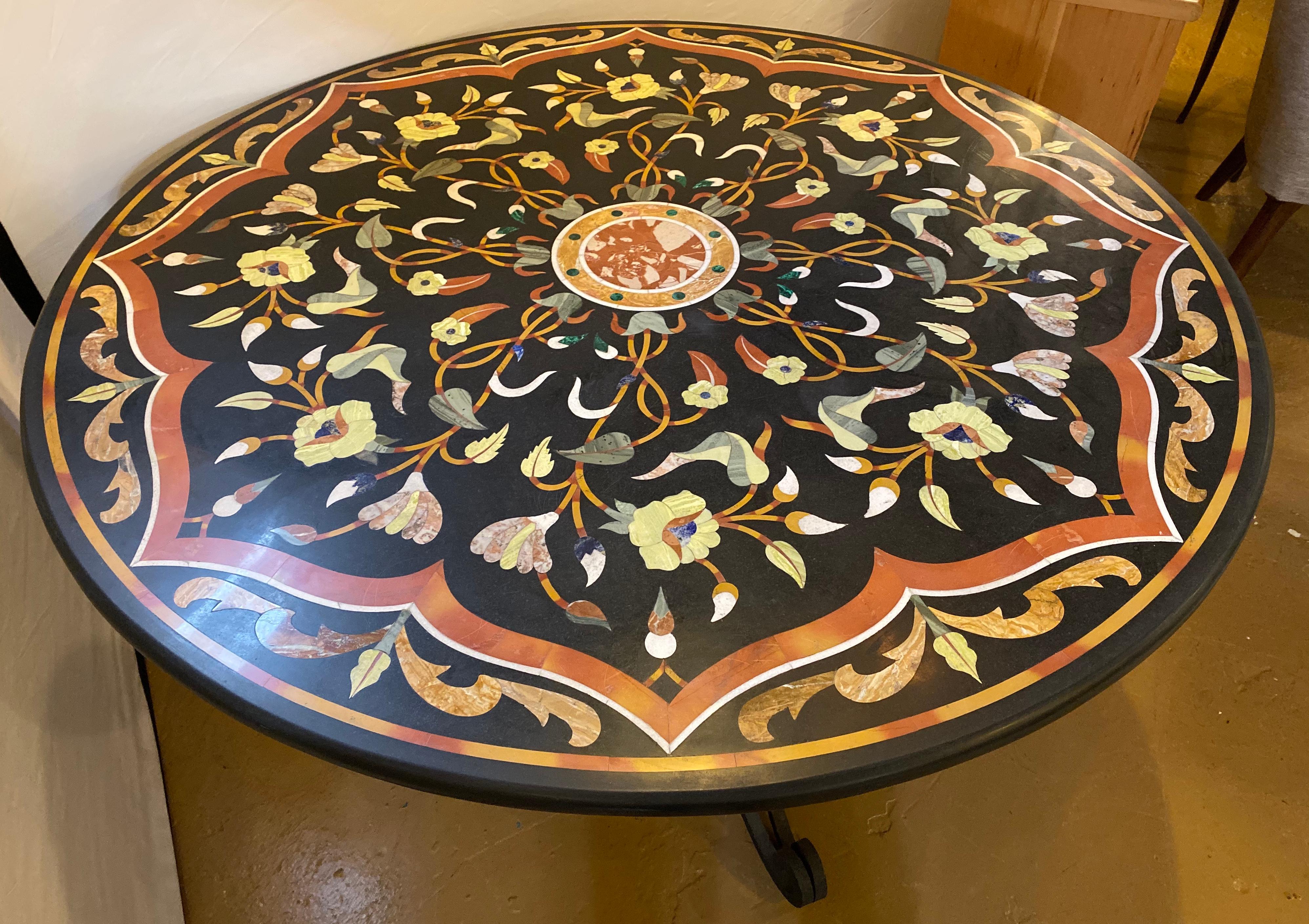 Arts and Crafts Pietra Dura Stone Inlaid Round Center Dining Table, Wrought Iron Base Antique