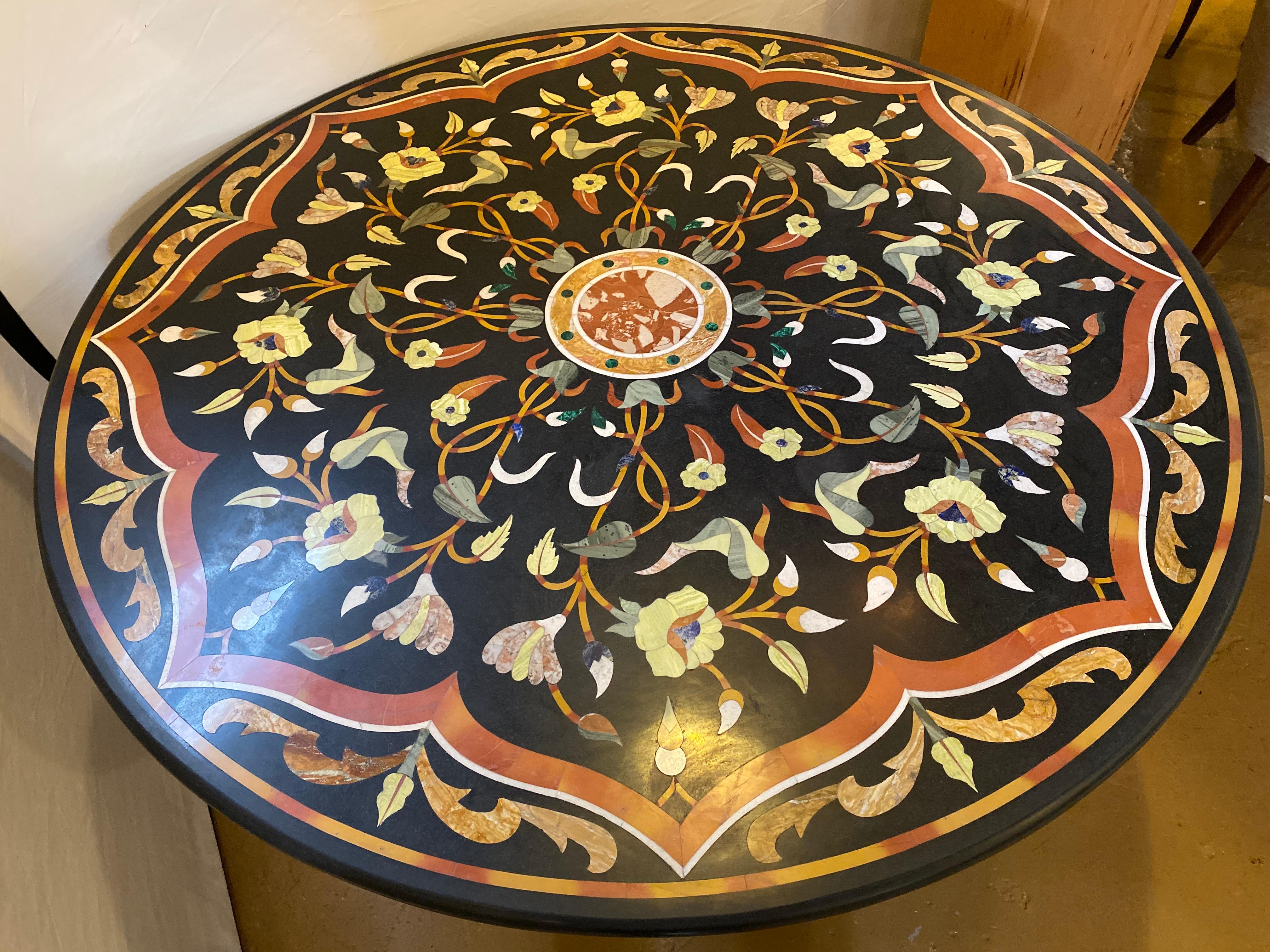 Pietra Dura Stone Inlaid Round Center Dining Table, Wrought Iron Base Antique In Good Condition In Stamford, CT