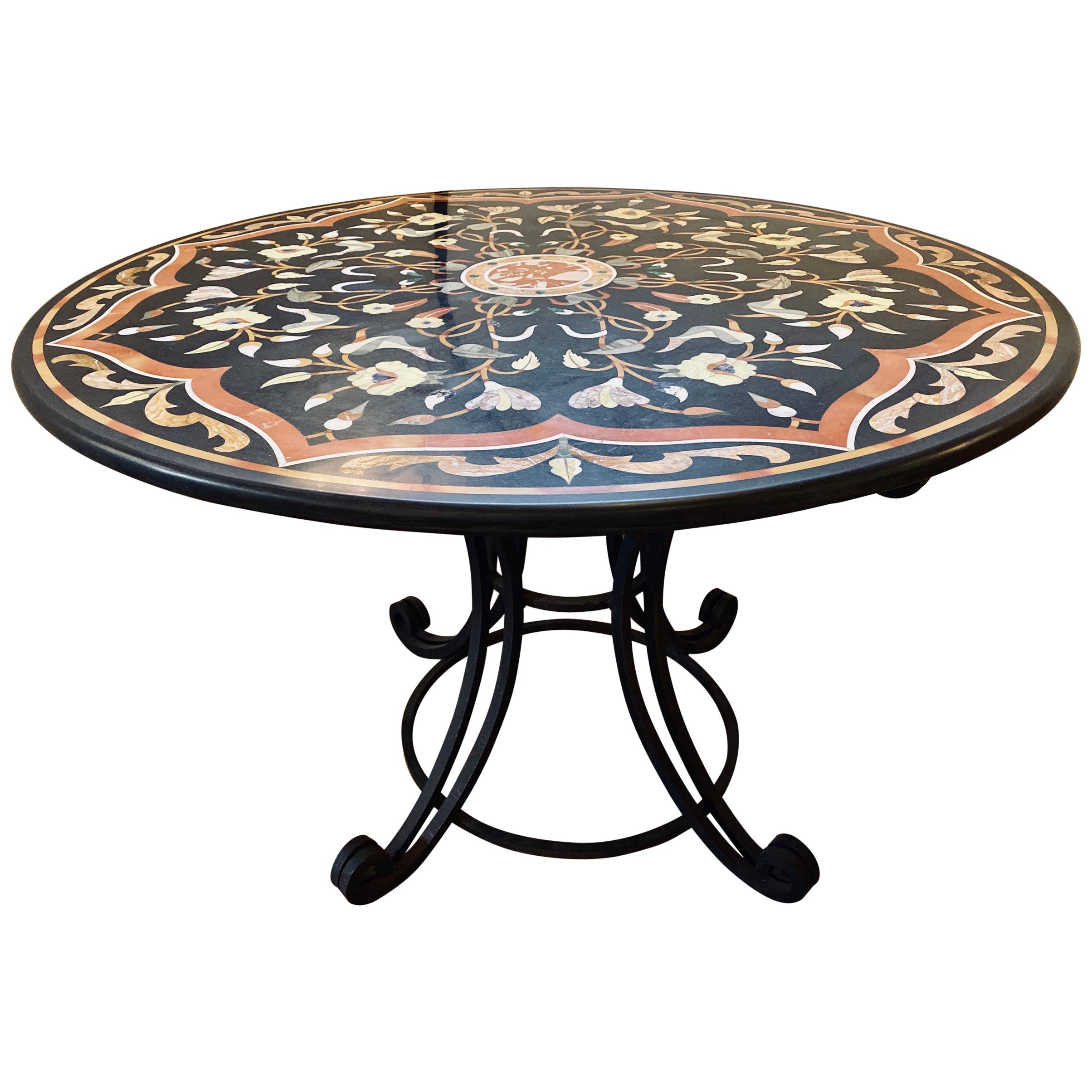 Pietra Dura Stone Inlaid Round Center Dining Table, Wrought Iron Base Antique