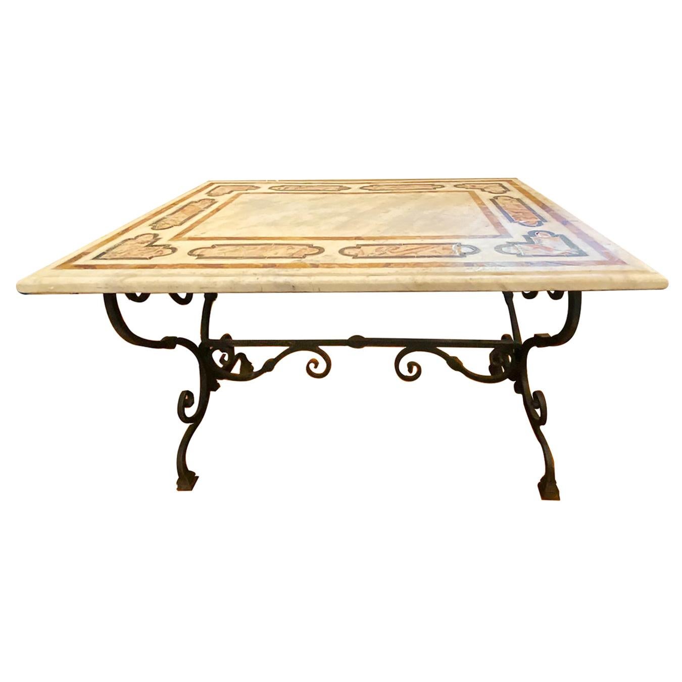 Pietra Dura Top Wrought Iron Table