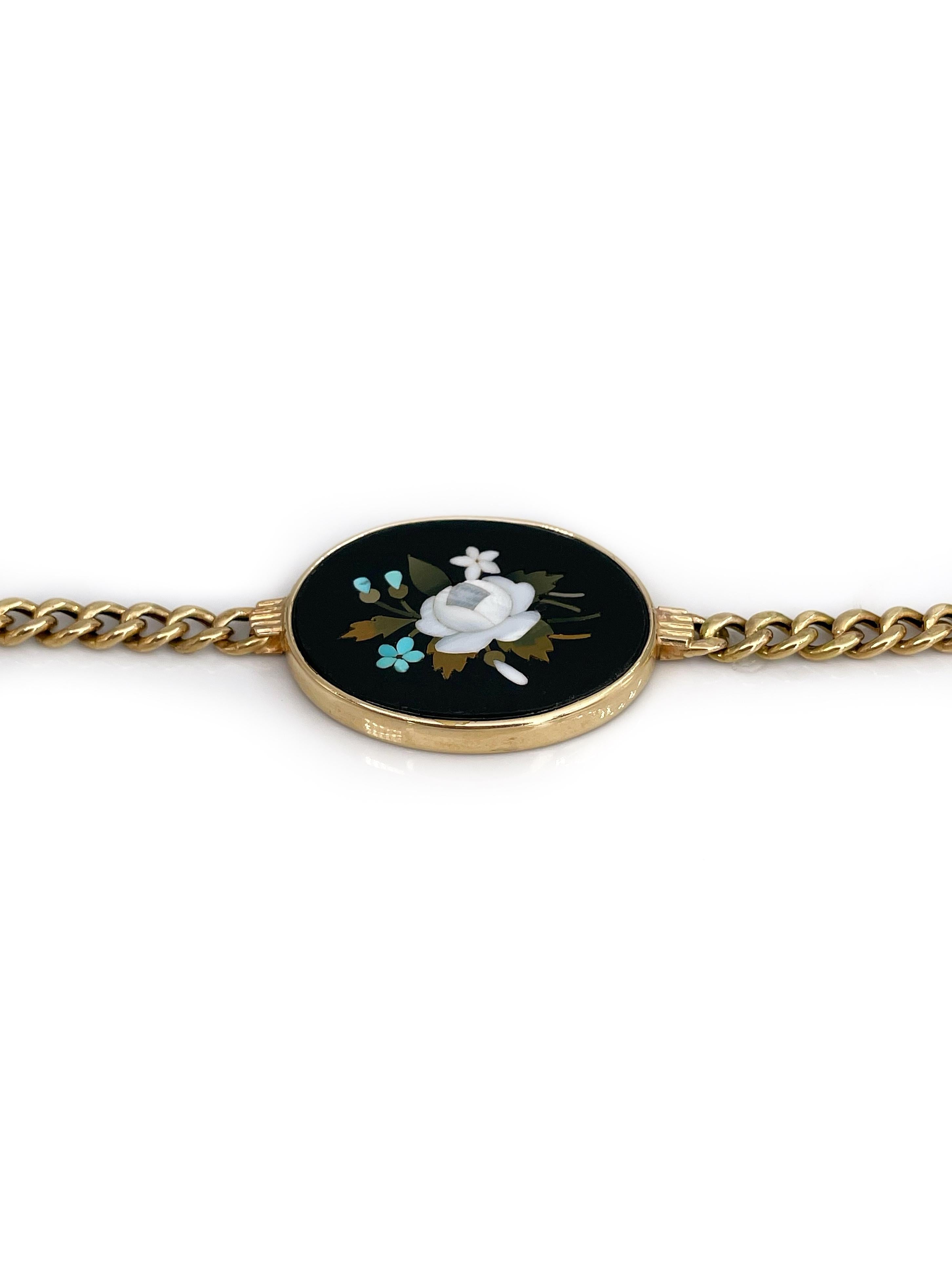 Pietra Dura Victorian 18 Karat Gold Flower Bouquet Mosaic Chain Bracelet For Sale 1