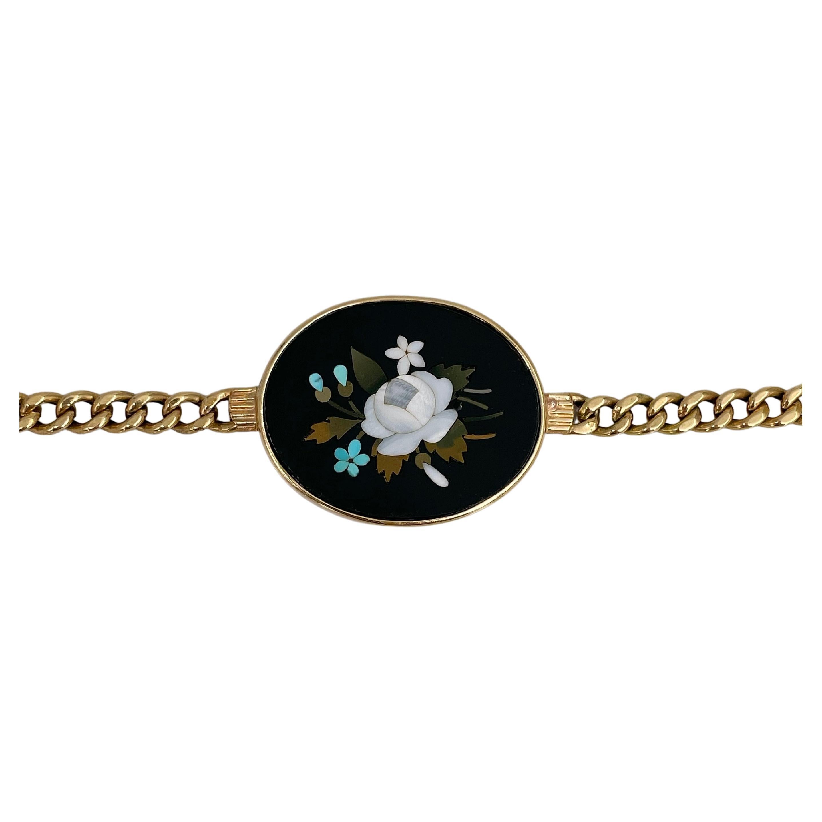 Pietra Dura Bracelet chaîne victorien en or 18 carats avec mosaïque de bouquets de fleurs en vente