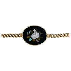 Pietra Dura Bracelet chaîne victorien en or 18 carats avec mosaïque de bouquets de fleurs