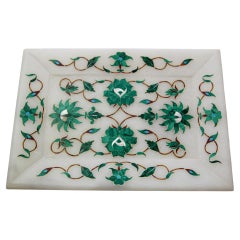 Pietra Dura White Mosaic Inlaid Marble Dish Handcrafted Agra India 1950