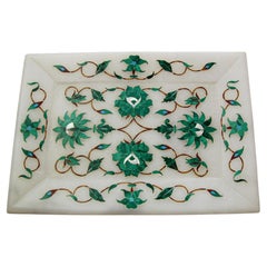 Piatto in marmo intarsiato con mosaico bianco di Pietra Dura Fatto a mano Agra India 1950