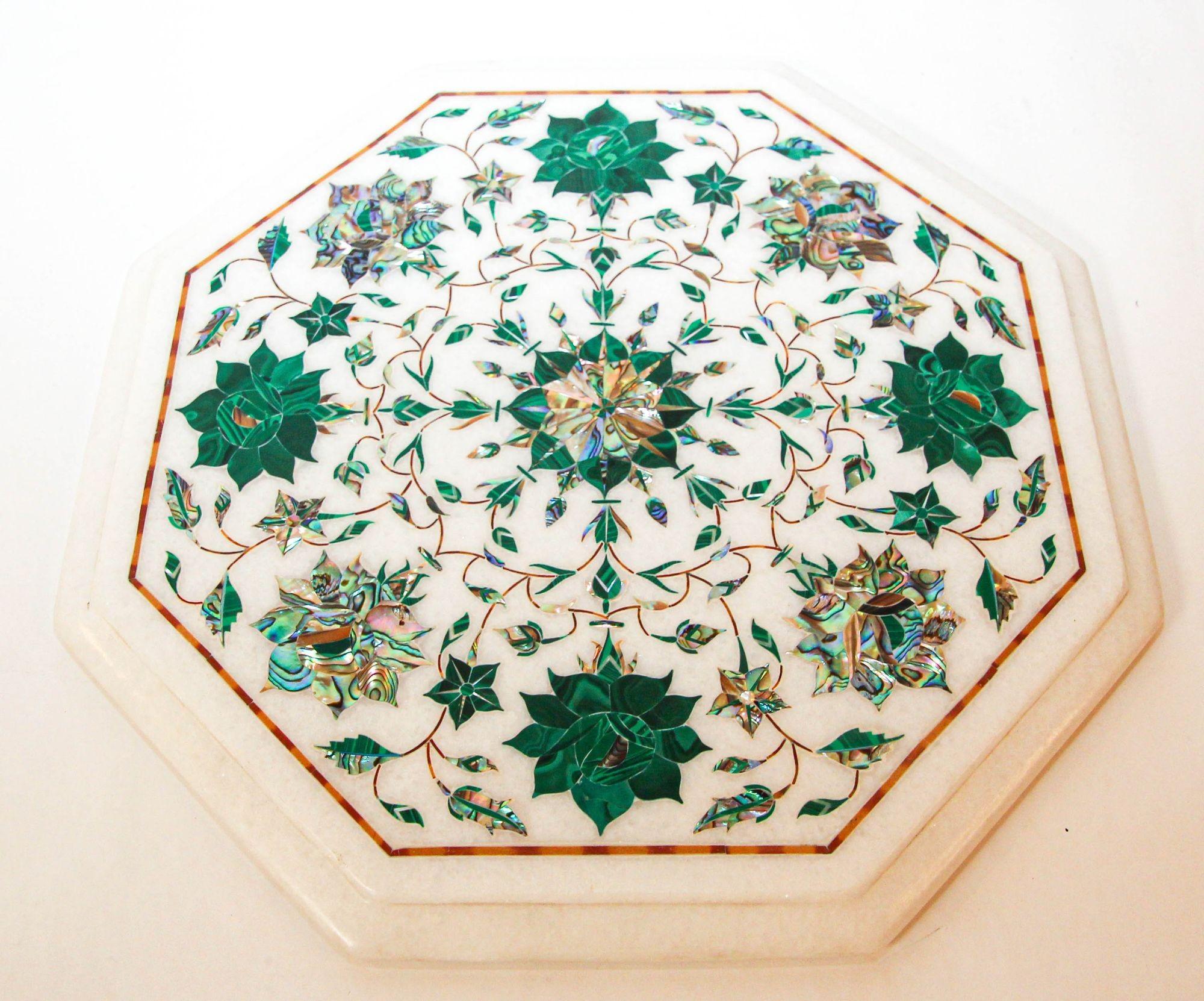 PIETRA DURA Weißes Mosaik Achteckige Marmorplatte mit Intarsien Handcrafted Agra India 1980 im Angebot 6
