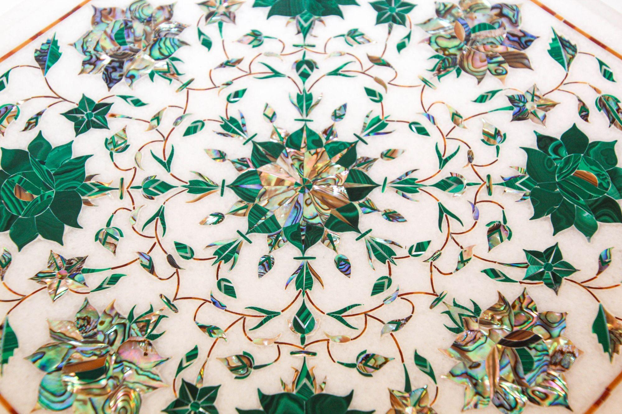 Pietra Dura White Mosaic Octagonal Inlaid Marble Top Handcrafted Agra India 1980 For Sale 6