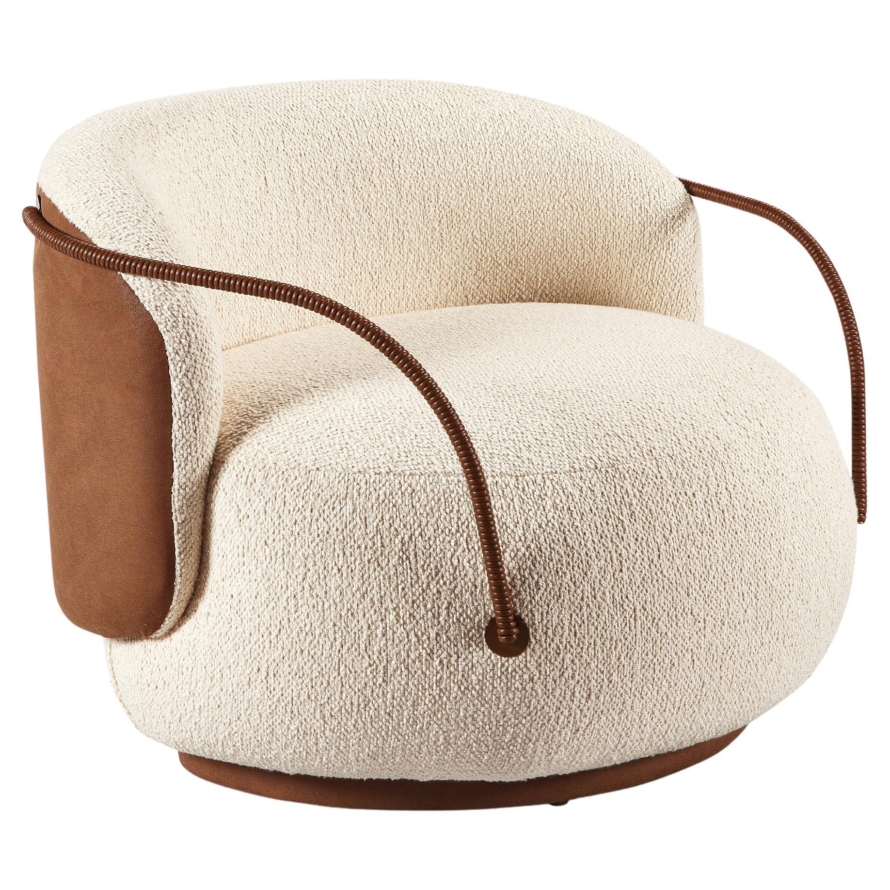 "Pietra" Organic Armchair with Leather Arms Upholstered in Bouclé Fabric For Sale