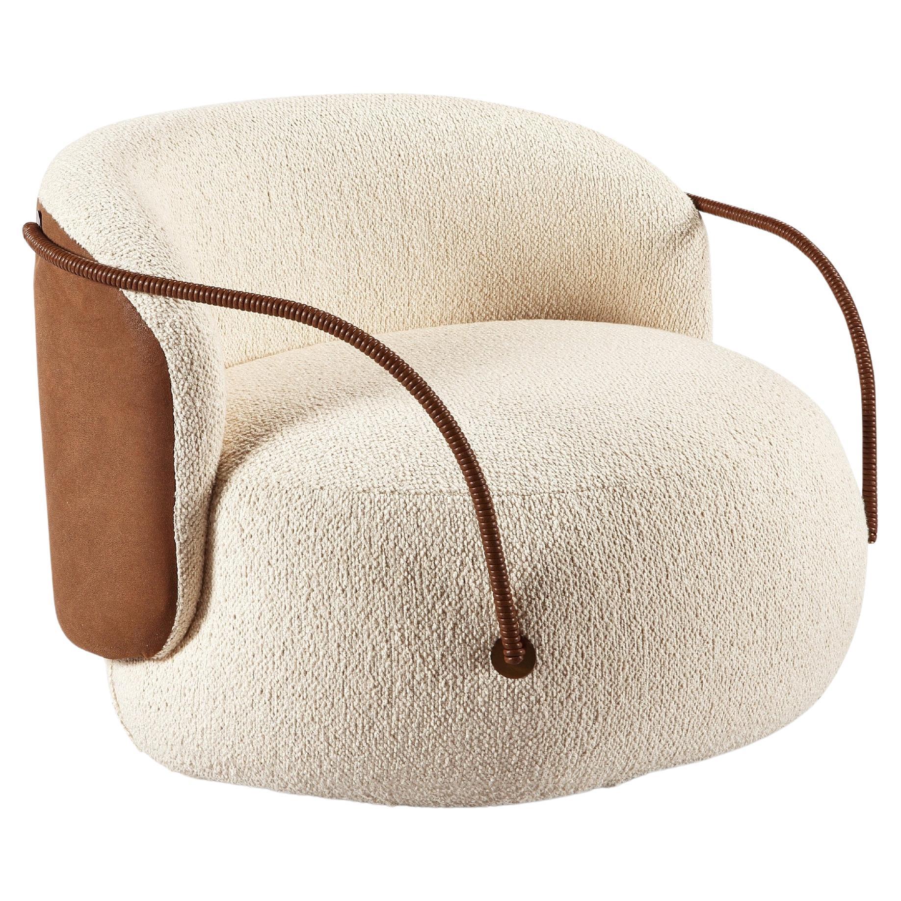 "Pietra" Organic Swivel Armchair Upholstered in Bouclé Fabric with Leather Arms  For Sale