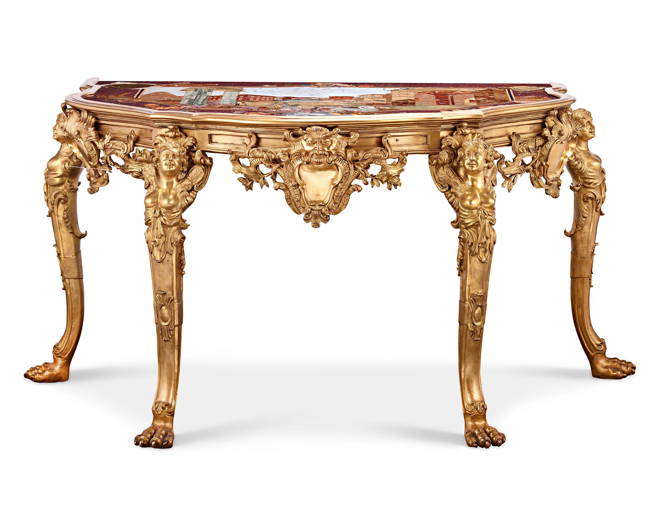 This incredible pair of pietre dure console tables can be counted among the most impressive pieces of hardstone artistry in the world. The tables closely resemble nine of the most famous pietre dure tables ever made — those created for Spain’s King