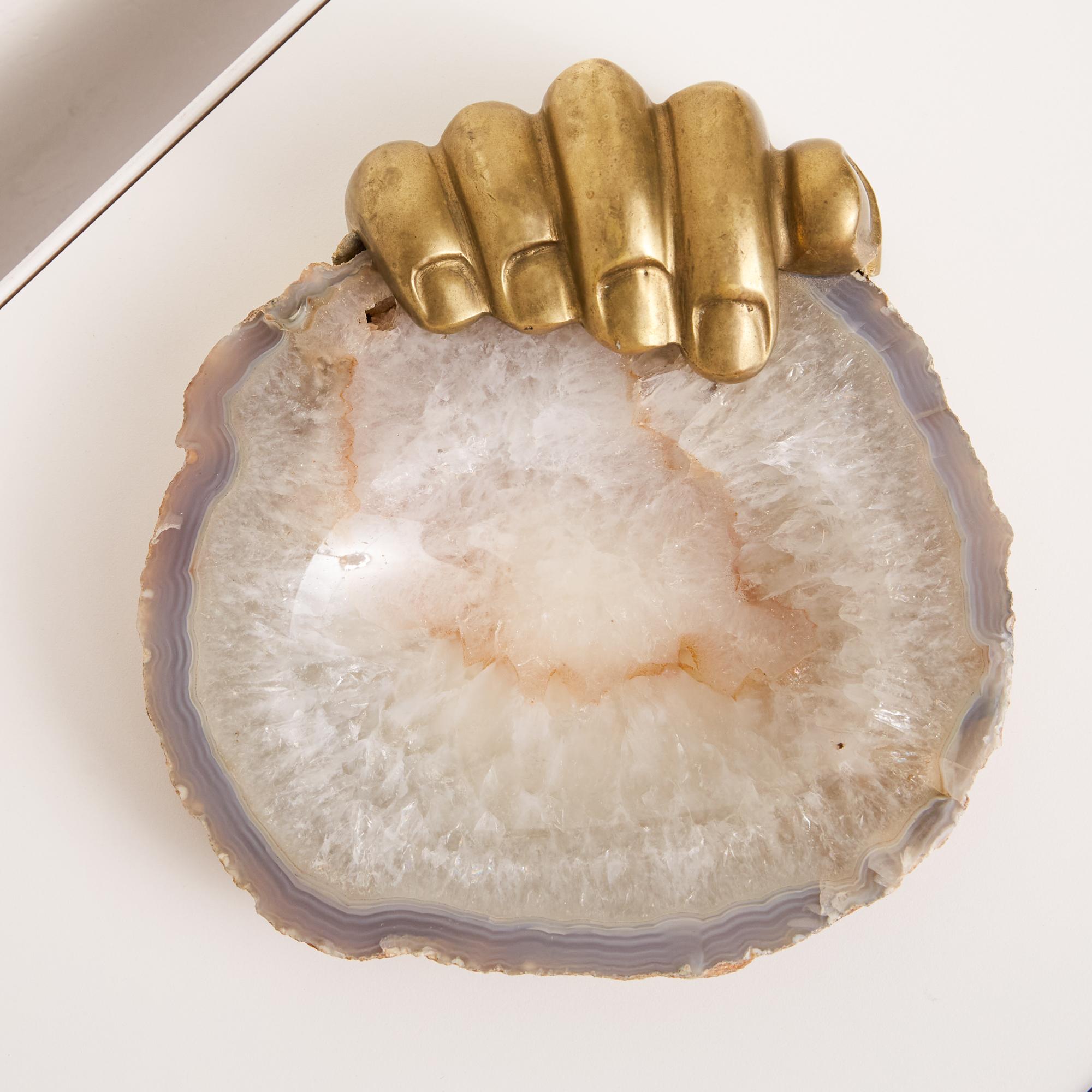 Brazilian Pietrina Checcacci Agate Tray with Cast Bronze Hand