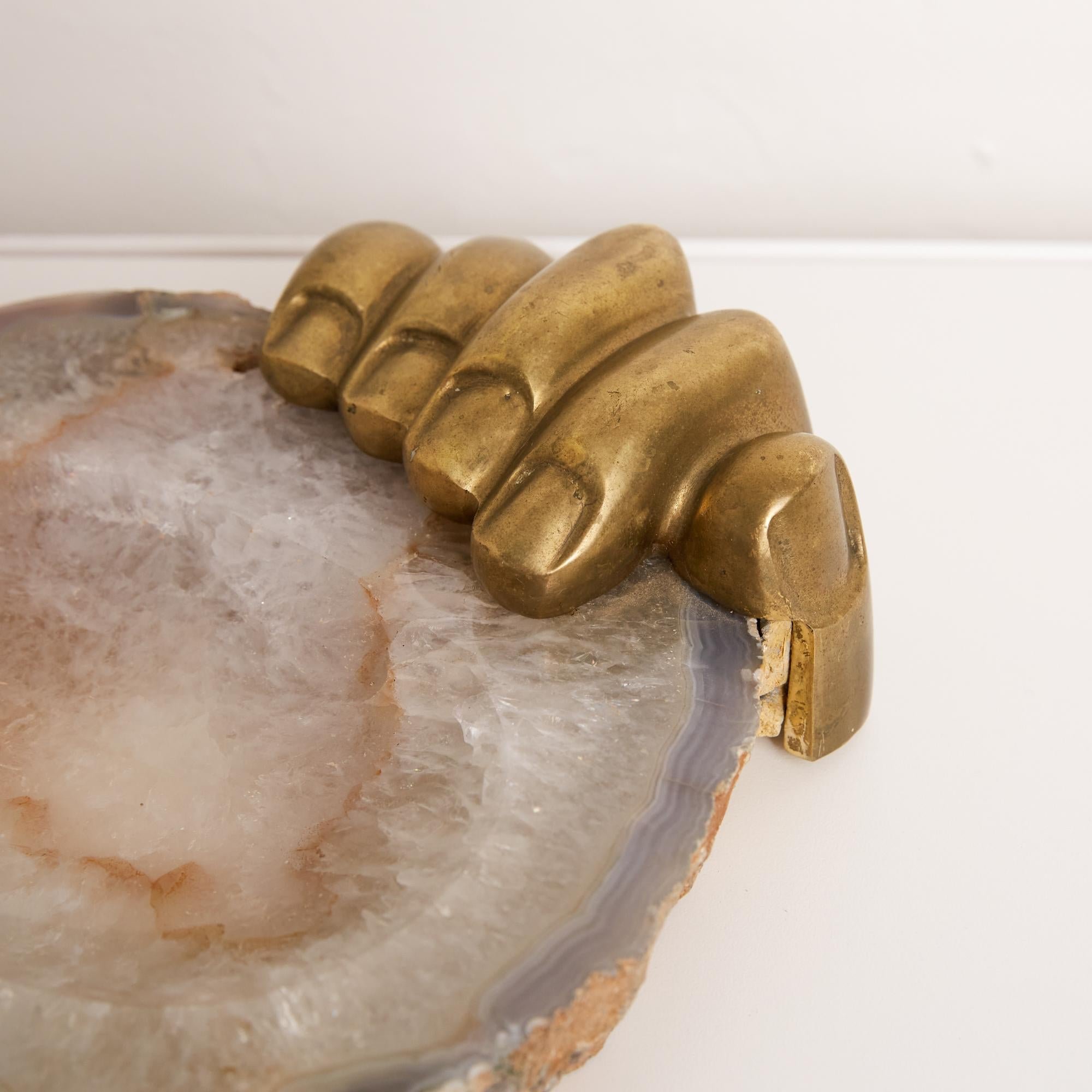 20th Century Pietrina Checcacci Agate Tray with Cast Bronze Hand