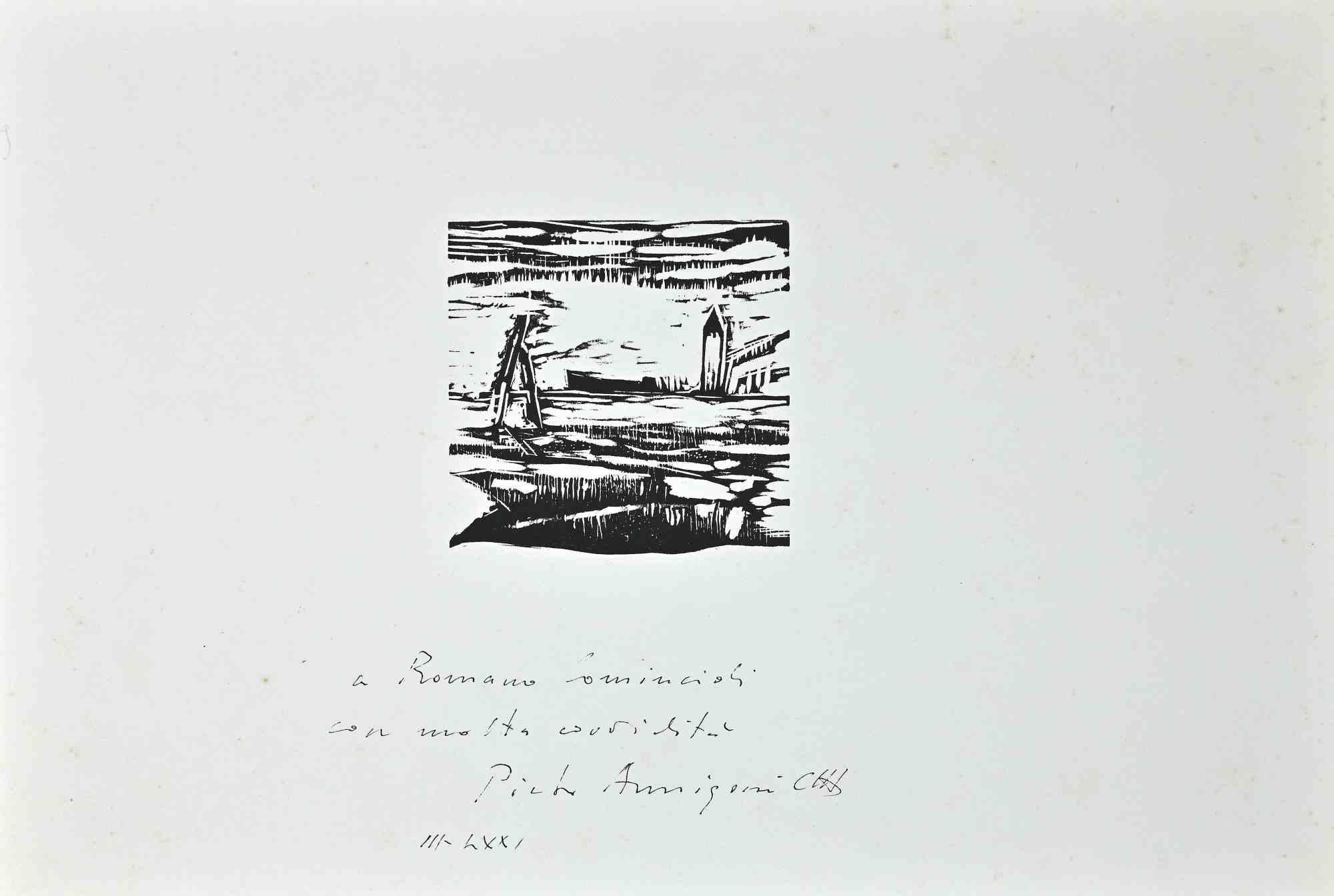 Landschaft -  Holzschnittdruck von Pietro Annigoni – 1971
