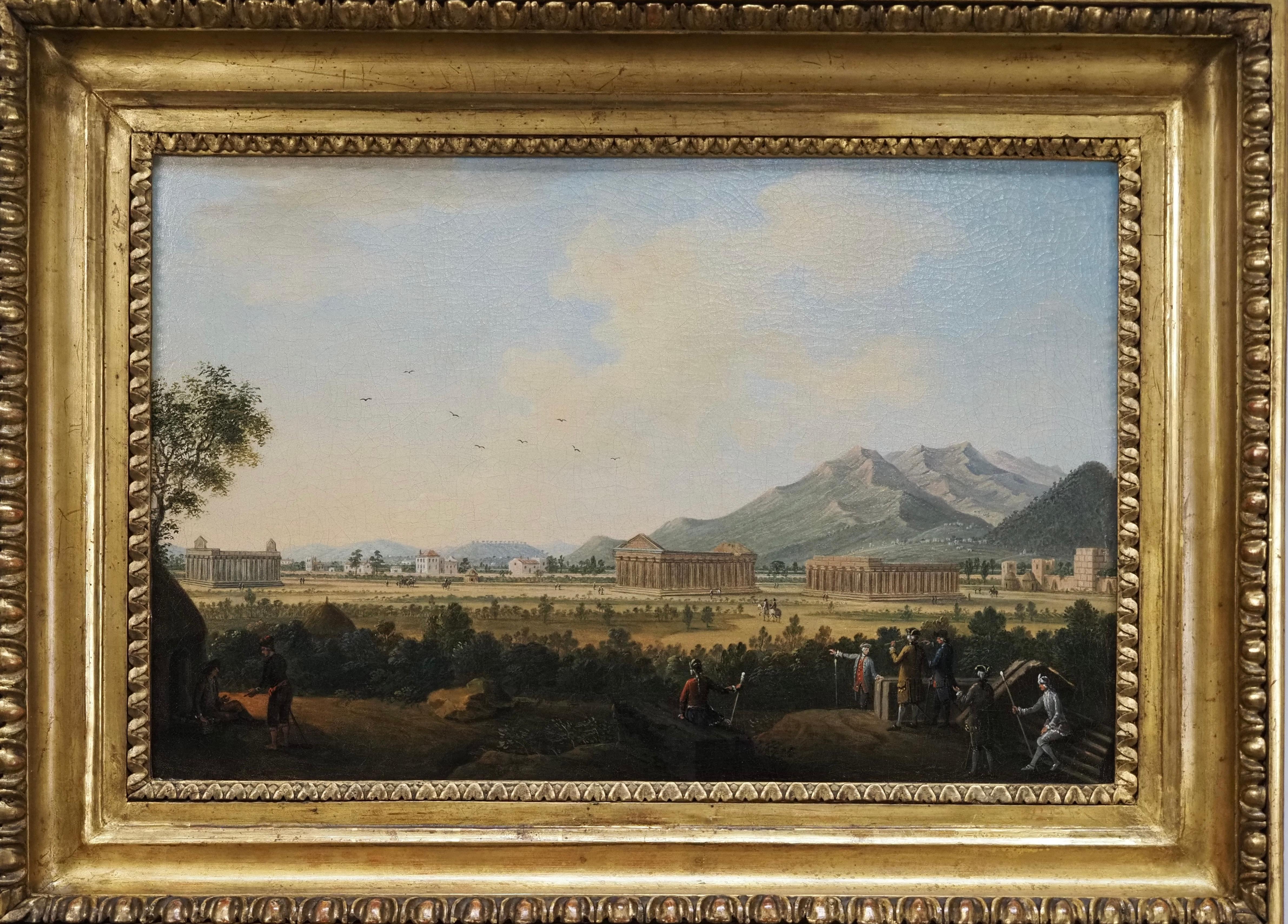 Una vista de Paesteum con los Grandes Turistas en primer plano - Landscape Painting Marrón de Pietro Antoniani