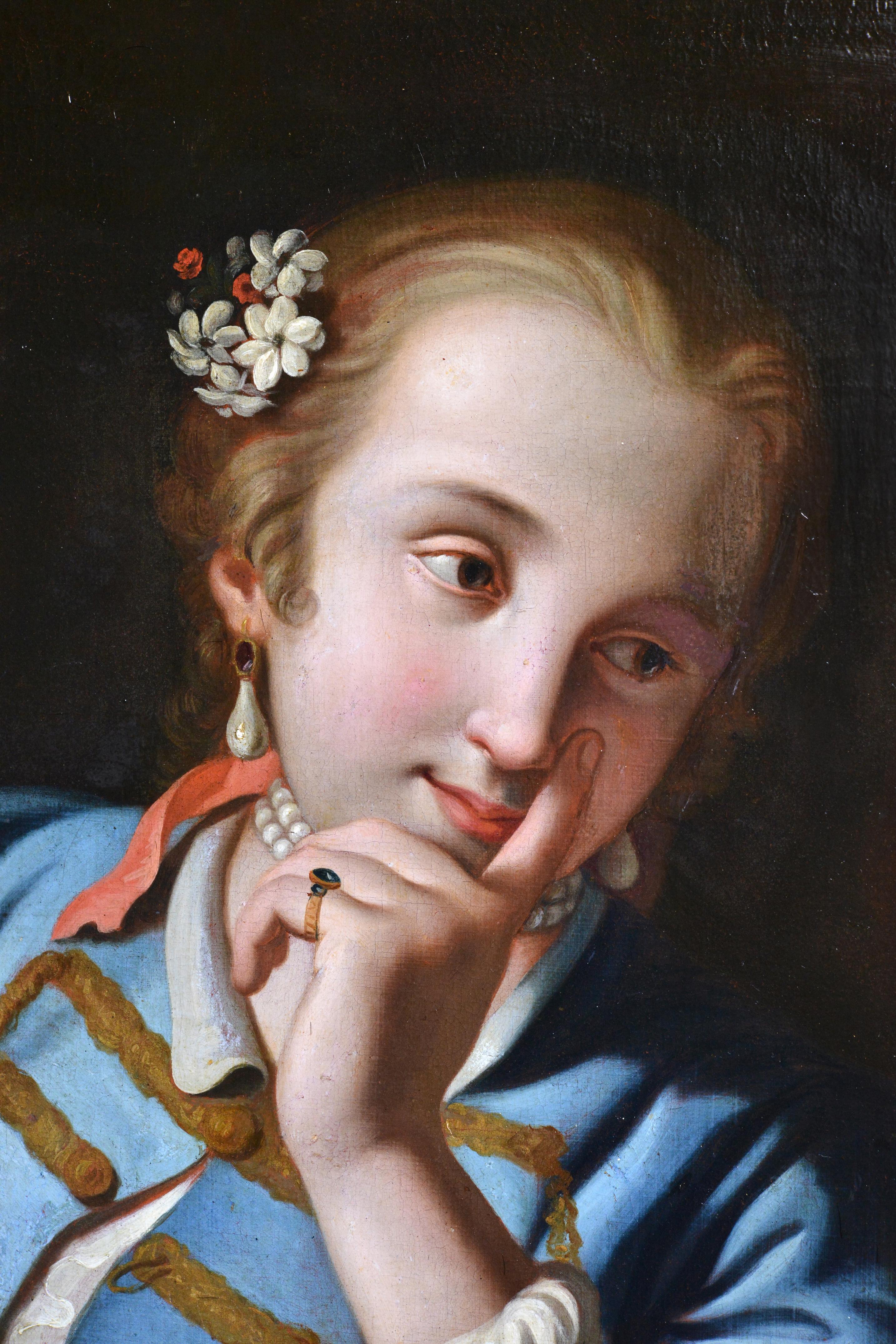 Porträt eines verzweifelten Mädchens in blauer Camisole, italienischer Rokoko-Meister des 18. Jahrhunderts (Braun), Portrait Painting, von Pietro Antonio Rotari