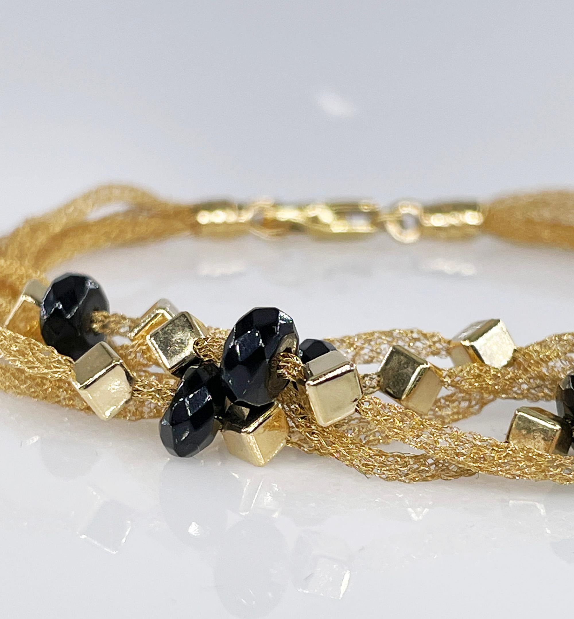 PIETRO BALESTRA Women's Bracelet Yellow Gold 18kt Gold Spun Mesh Silk with Onyx For Sale 2