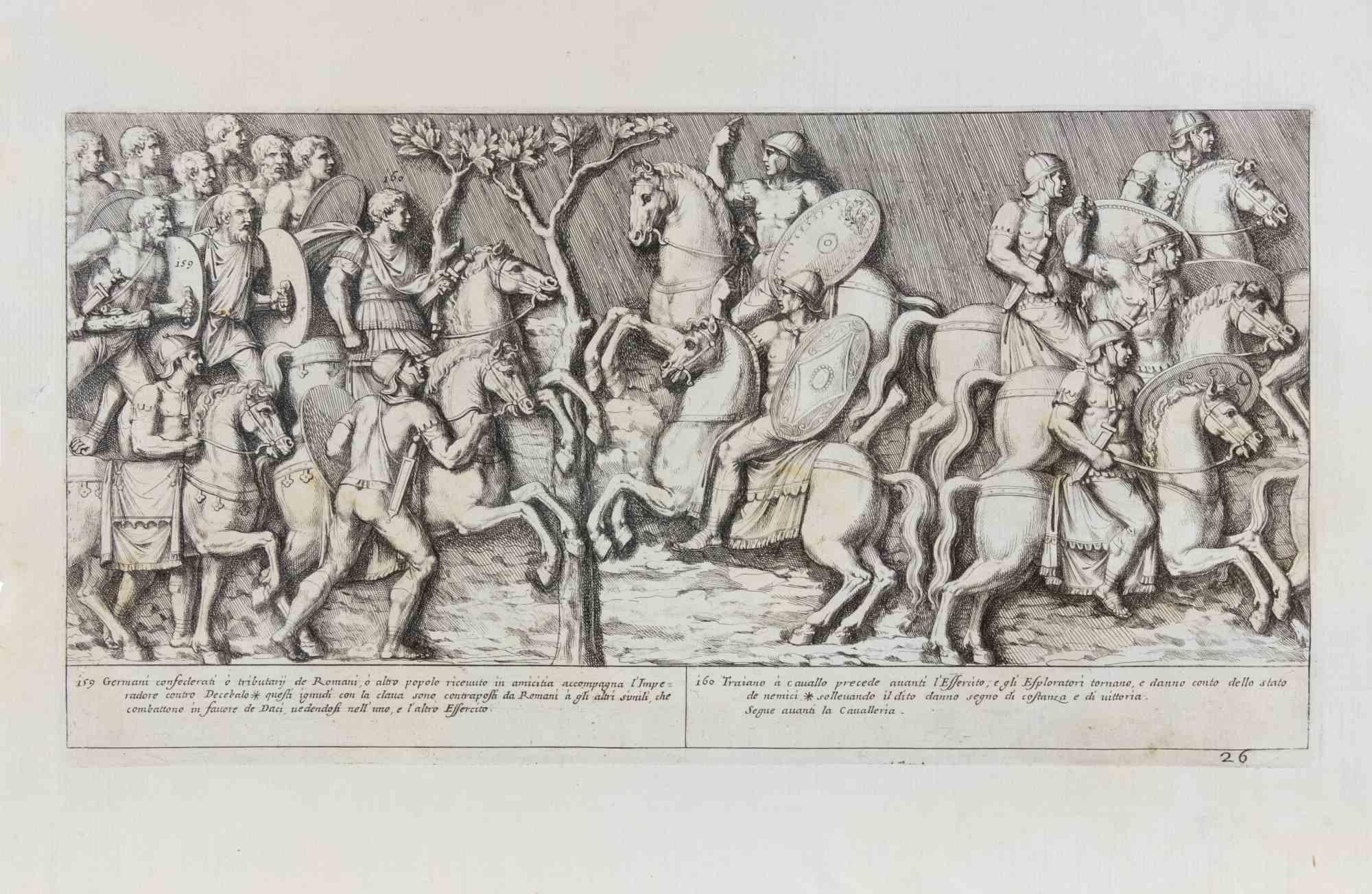 Etching on paper realized in 1672.

A finely detailed engraving from Pietro Santi Bartoli’s celebrated series documenting the reliefs of the Column of Trajan, one of the most important monuments of Imperial Rome. The composition depicts Emperor