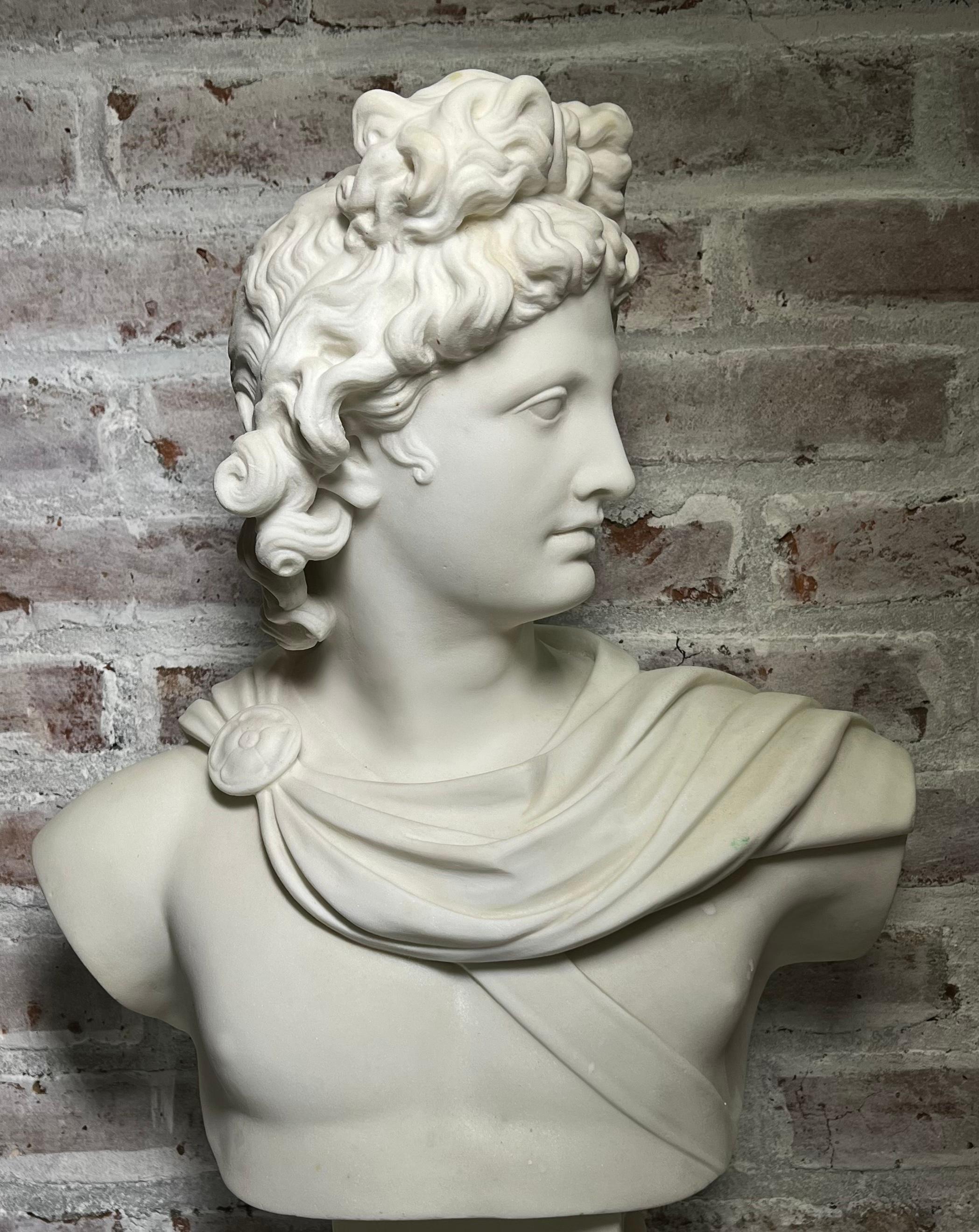 Large 19th Century Antique Marble Bust of Apollo of Belvedere - Academic Sculpture by Pietro Barzanti