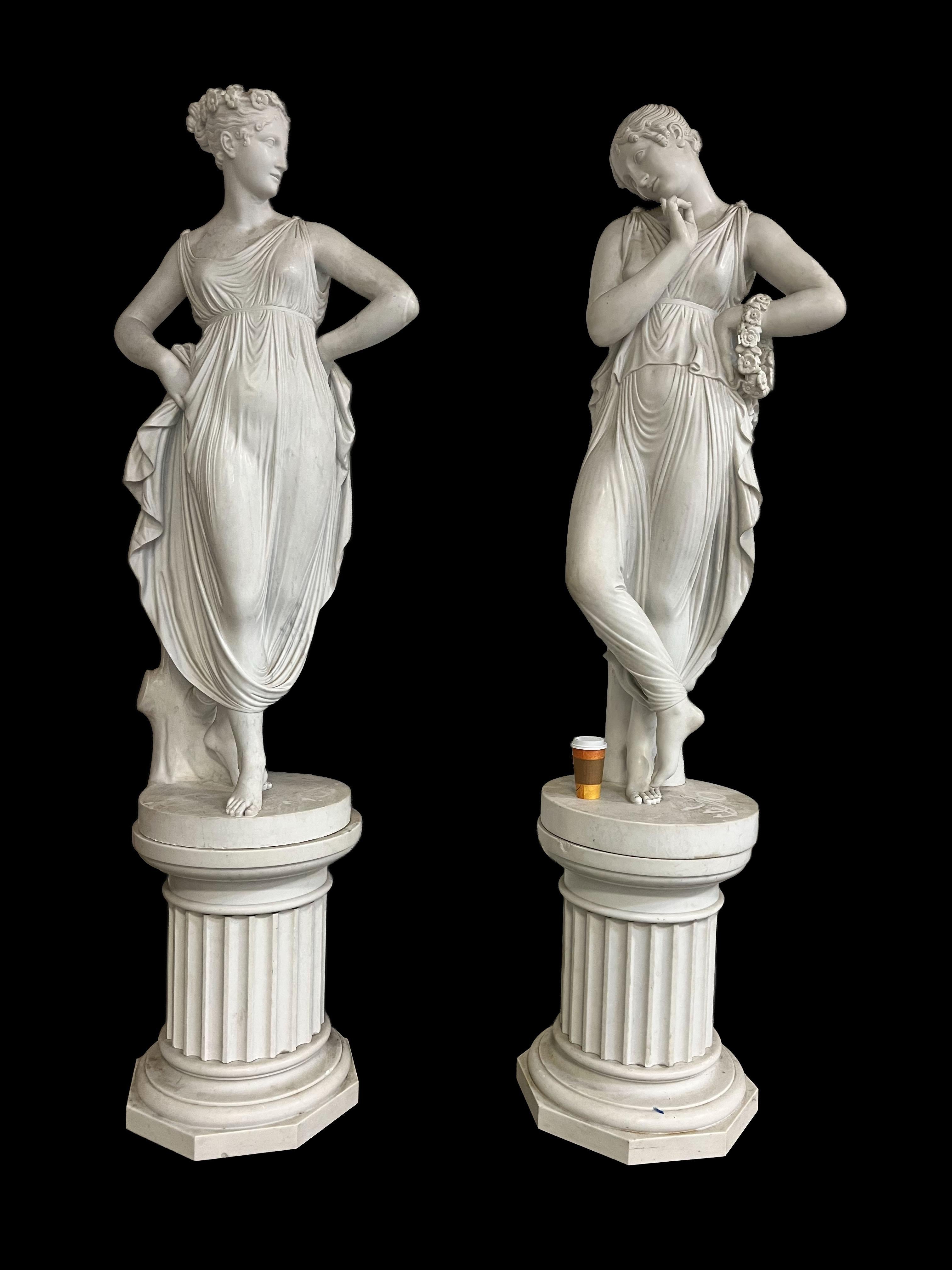 A Highly Important and Very Rare Pair of Italian Life-Sized Carrara Marble Figures of Dancer Sculptures: Danzatrice con le Mani sui Fianchi & Danzatrice col Dito al Mento ( Dancing Girl with Her Hands on Her Hips; Dancing Girl with Her Finger on